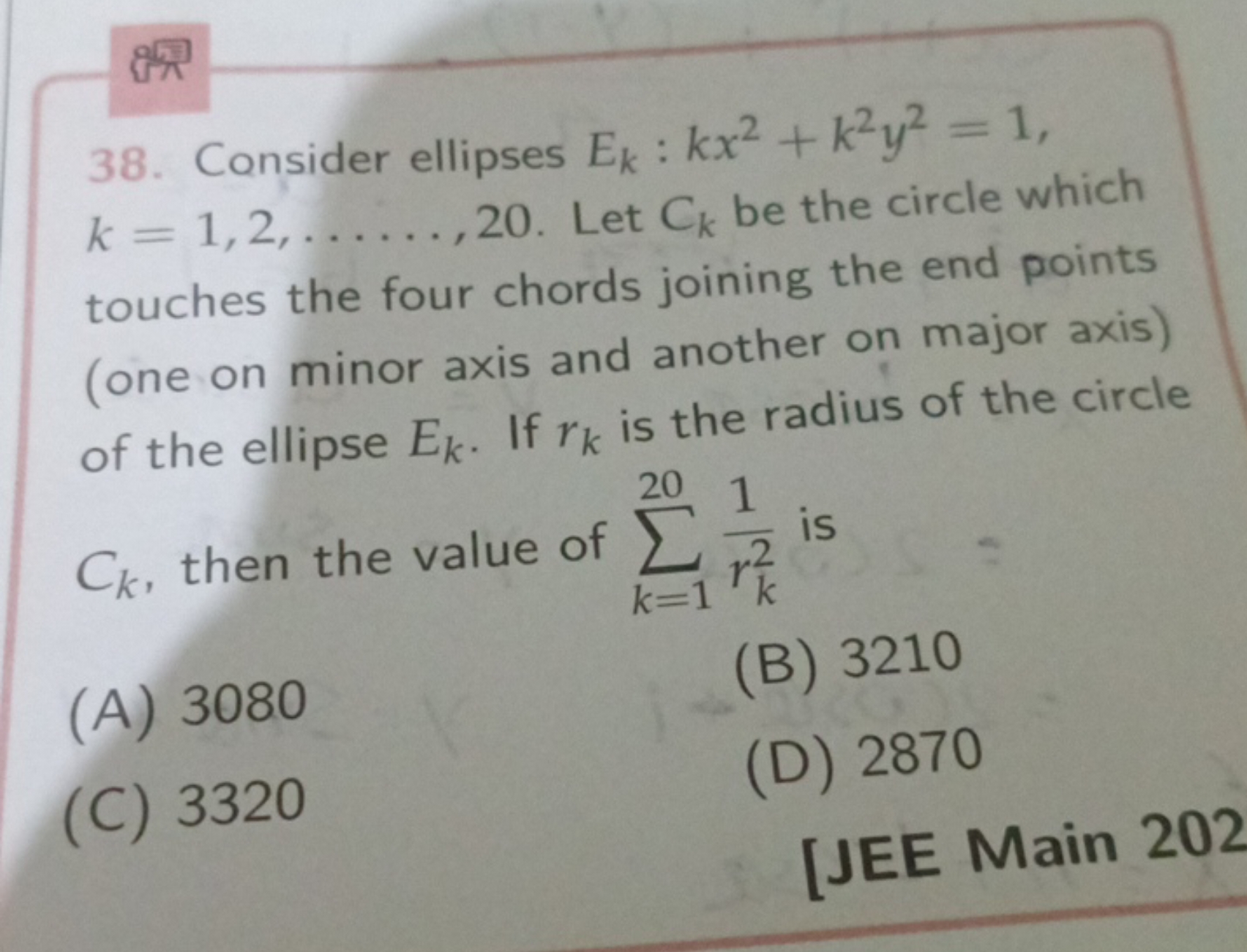 38. Consider ellipses Ek​:kx2+k2y2=1, k=1,2,……,20. Let Ck​ be the circ