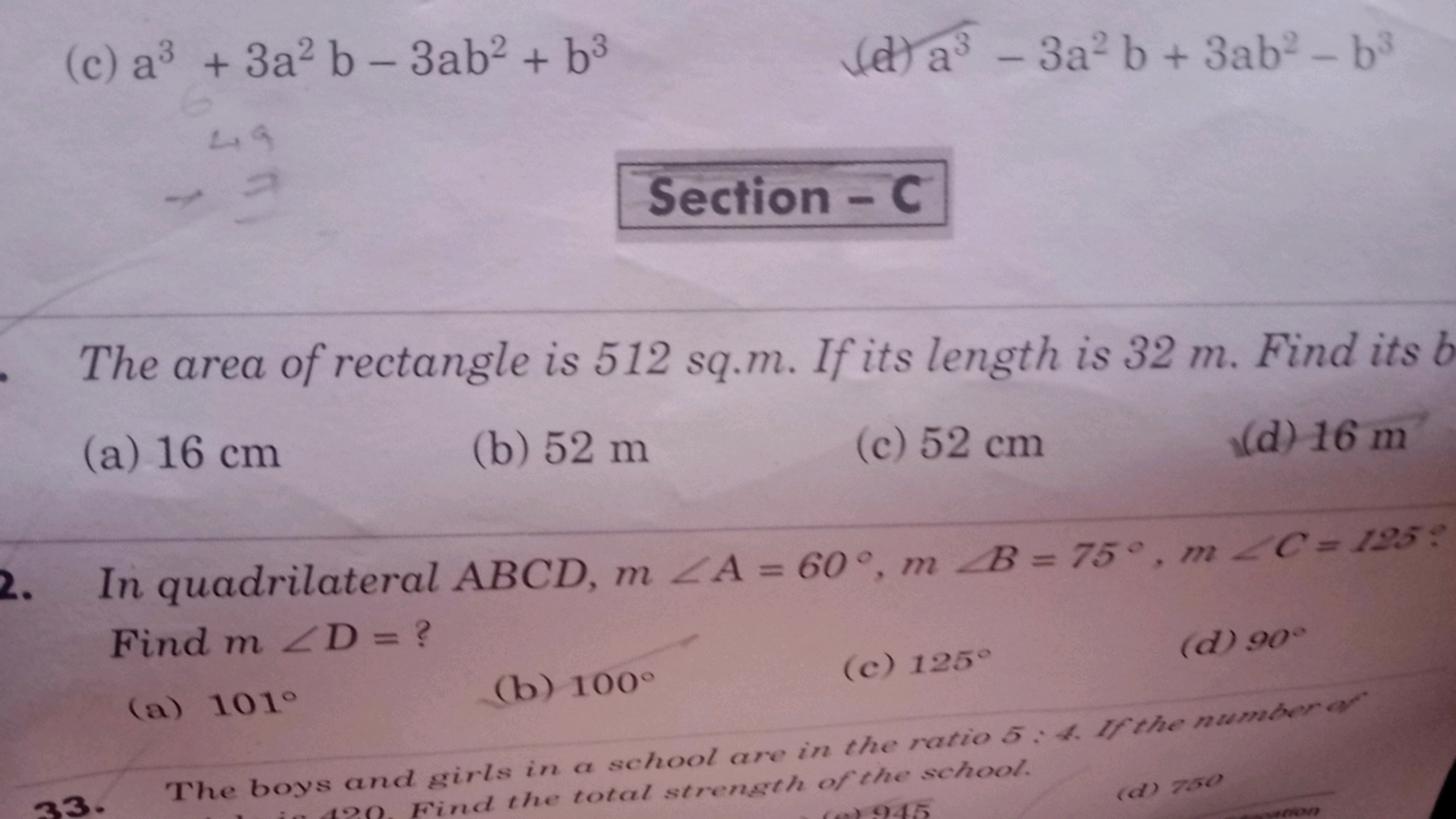 (c) a3 +3a2b-3ab² + b3
43
(e) a3 - 3a² b+3ab2-b3
Section - C
The area 