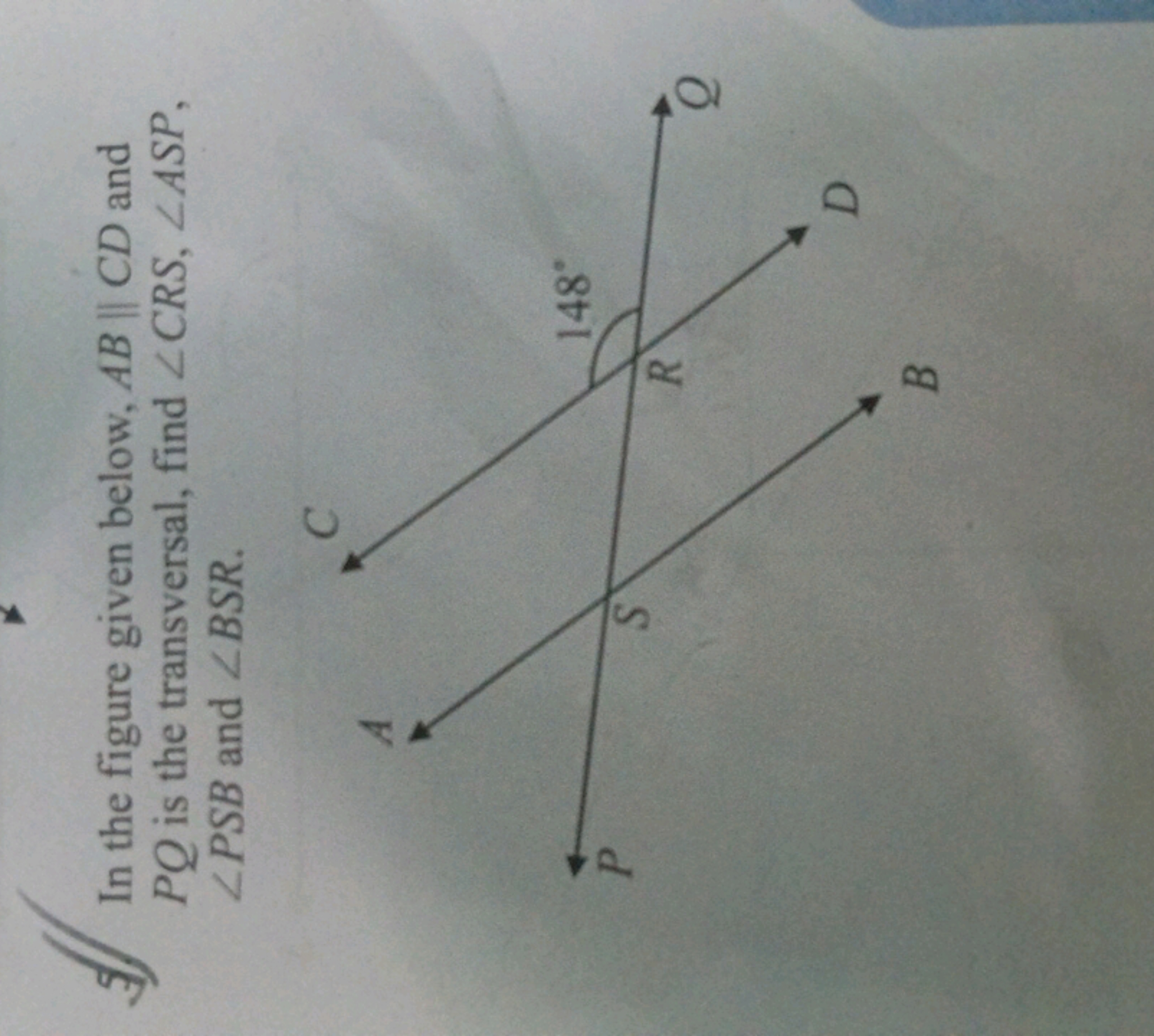 5) In the figure given below, AB∥CD and PQ is the transversal, find ∠C