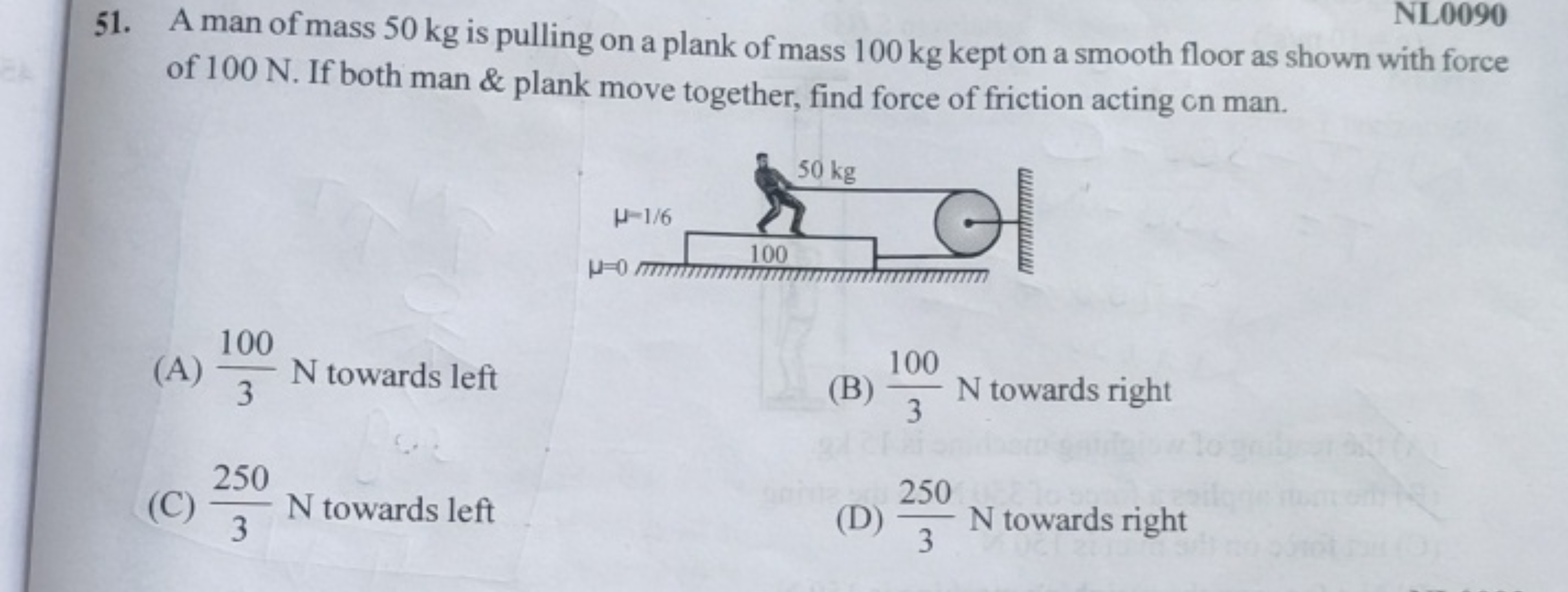 NL0090
51. A man of mass 50 kg is pulling on a plank of mass 100 kg ke