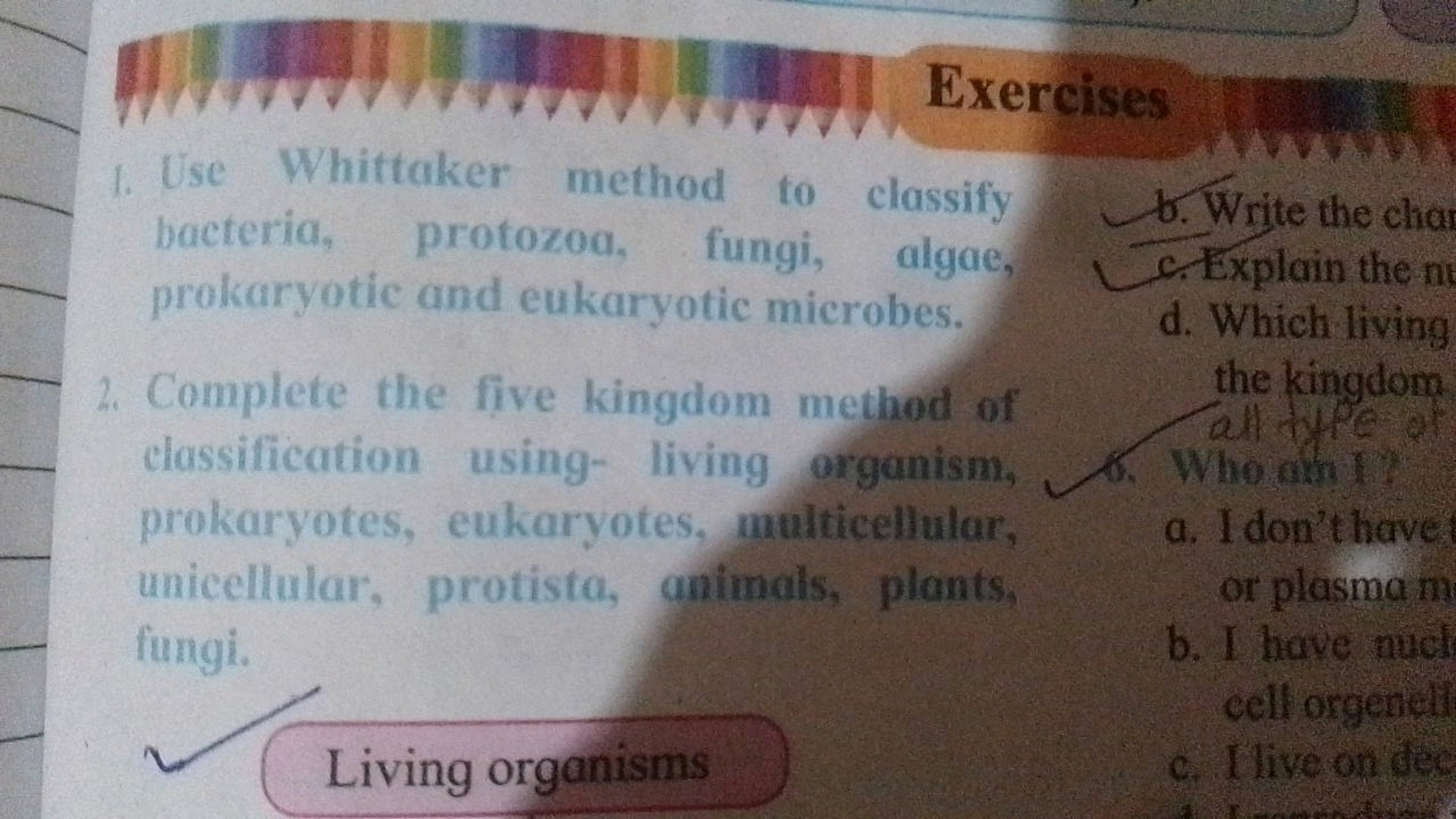 Exercises
1. Use Whittaker method to classify bacteria, protozoa, fung