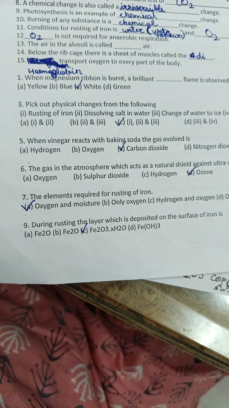 8. A chemical change is also called airrivercsibble
9. Photosynthesis 