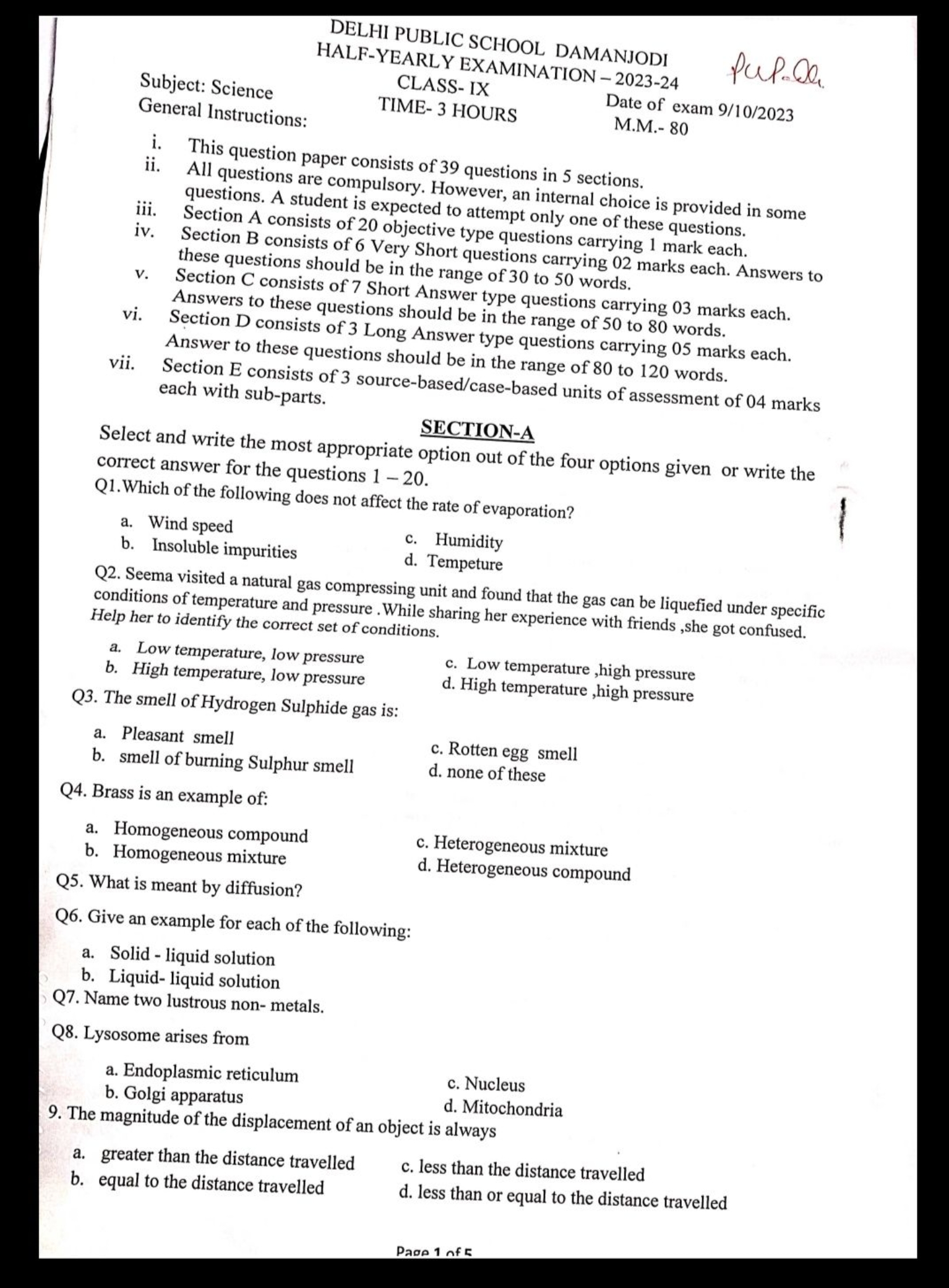 DELHI PUBLIC SCHOOL DAMANJODI HALF-YEARLY EXAMINATION - 2023-24
Subjec