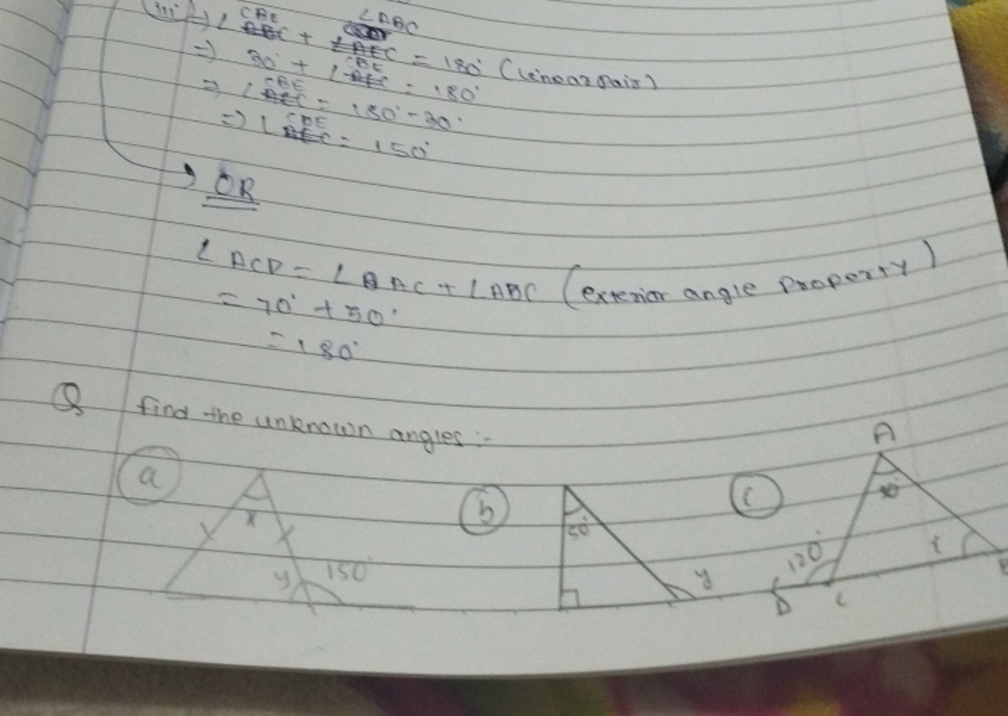 Iin'
1∠CBE CABC 1CBC+…+AC​⇒20∘+B21AtC​=180∘ (lenear oair) ⇒∠EE<A−12=18