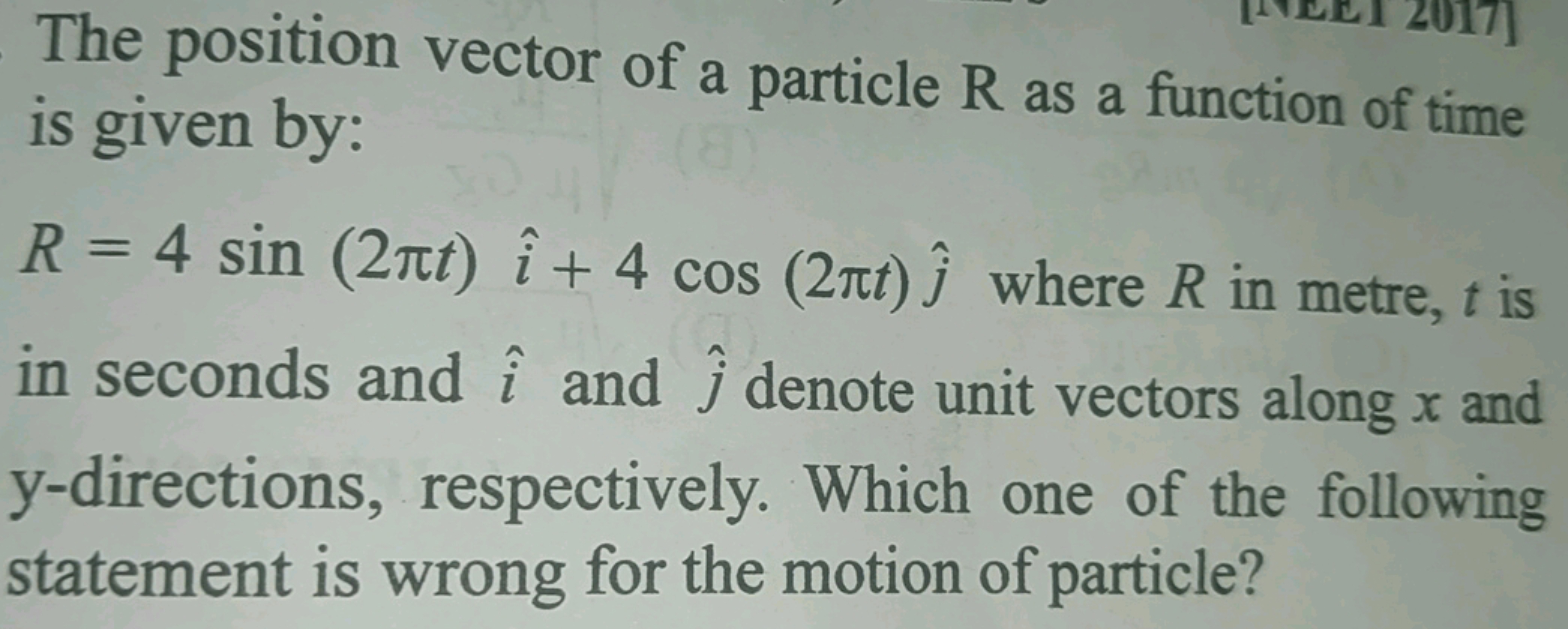 The position vector of a particle R as a function of time is given by: