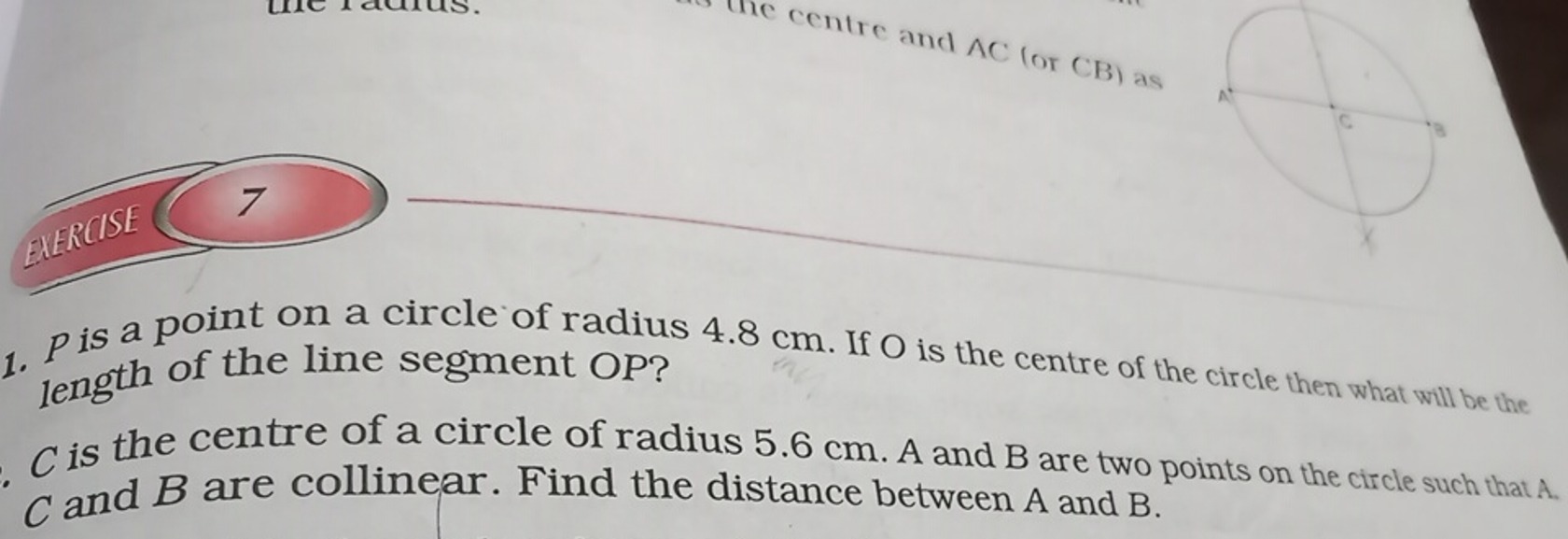 1. P is a point on a circle of radius 4.8 cm . If O is the centre of t