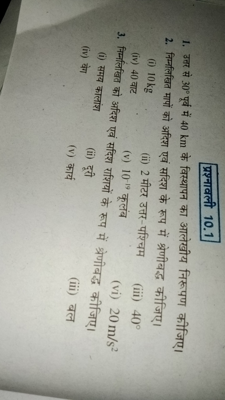 प्रश्नावली 10.1
1. उत्तर से 30∘ पूर्व में 40 km के विस्थापन का आलेखीय 