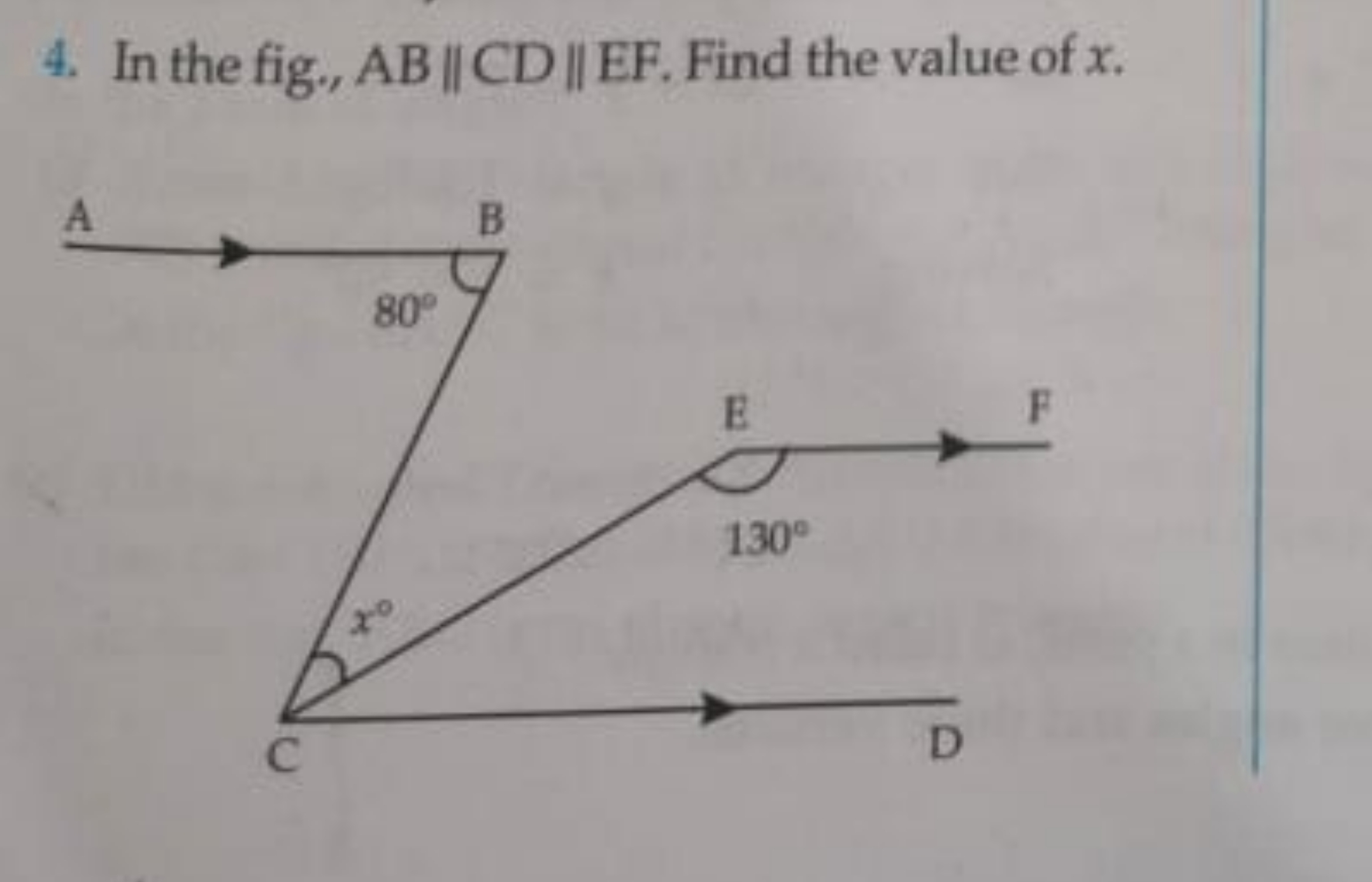 4. In the fig., AB∥CD∥EF. Find the value of x.