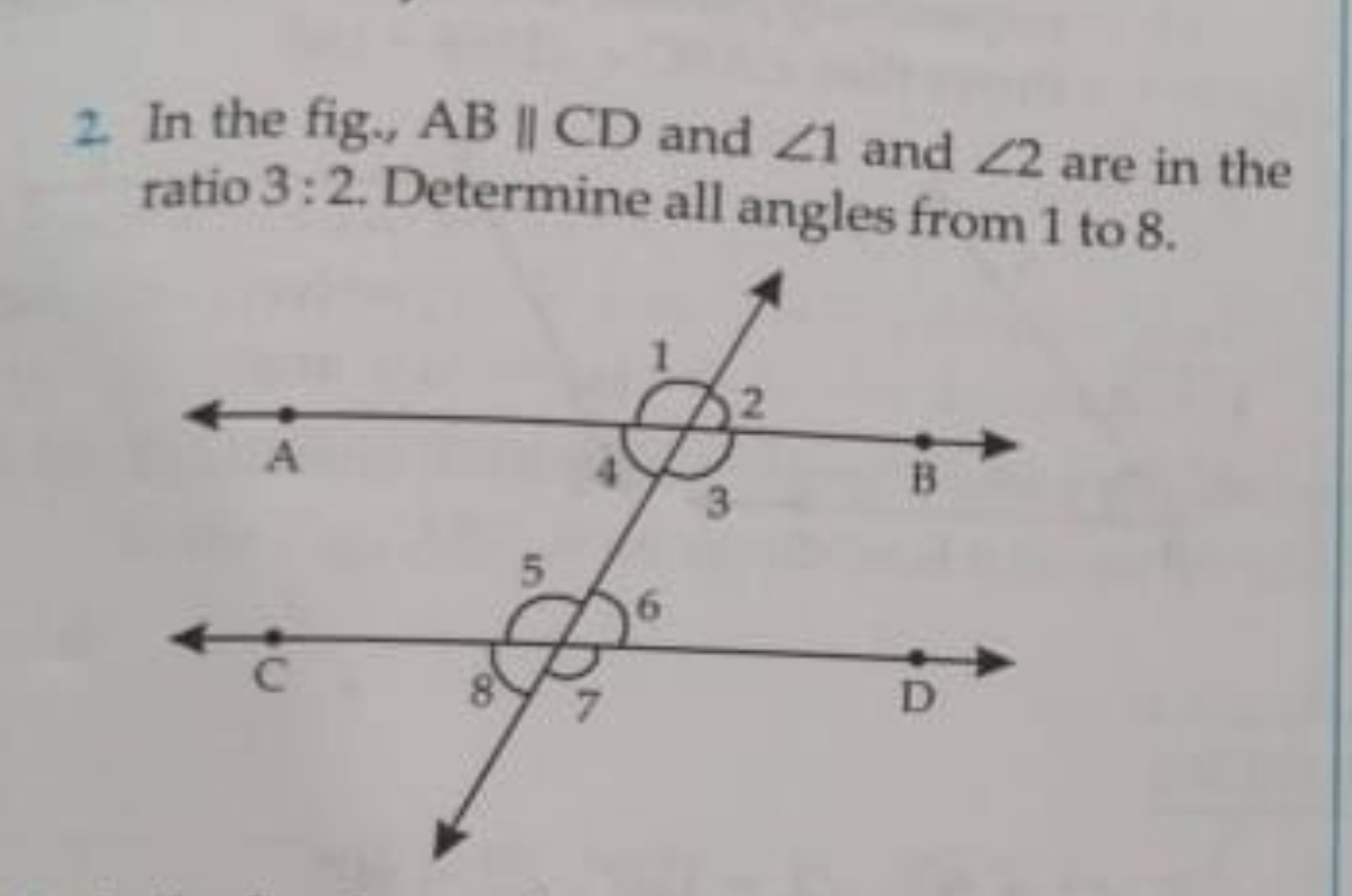 2. In the fig., AB∥CD and ∠1 and ∠2 are in the ratio 3:2. Determine al