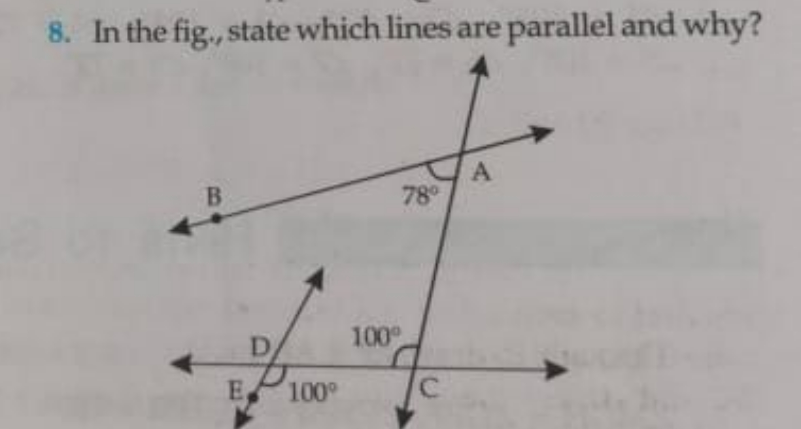 8. In the fig., state which lines are parallel and why?