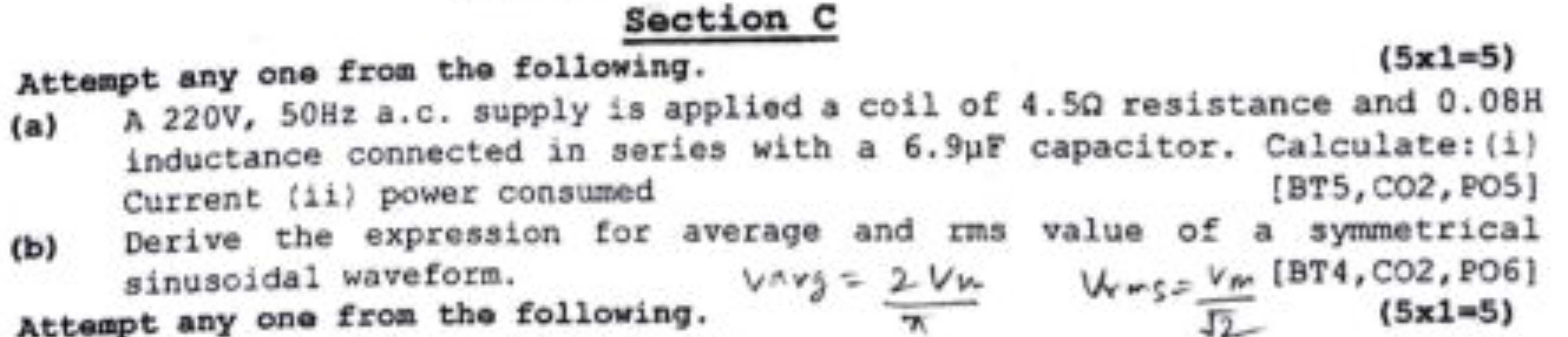 Section C
Attempt any one from the following.
(5×1=5)
(a) A 220 V,50 H