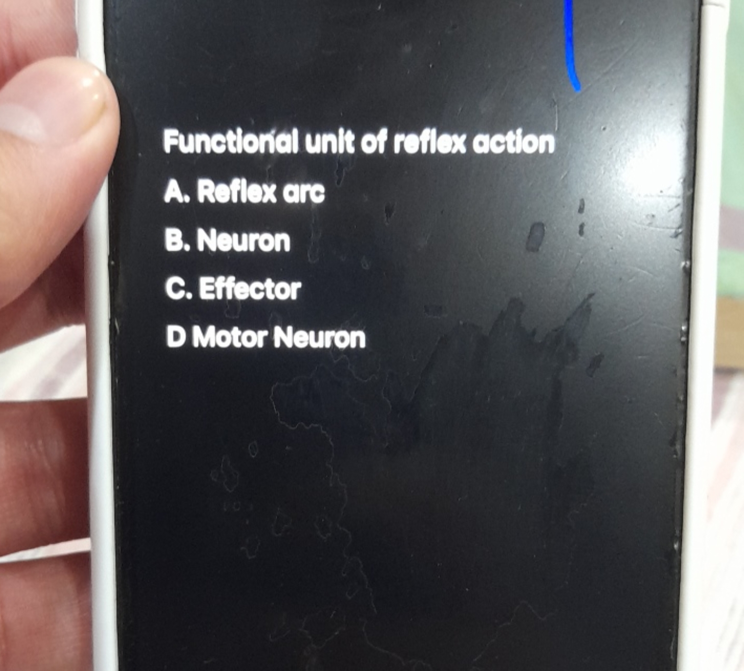 Functional unit of reflex action
A. Reflex arc
B. Neuron
C. Effector

