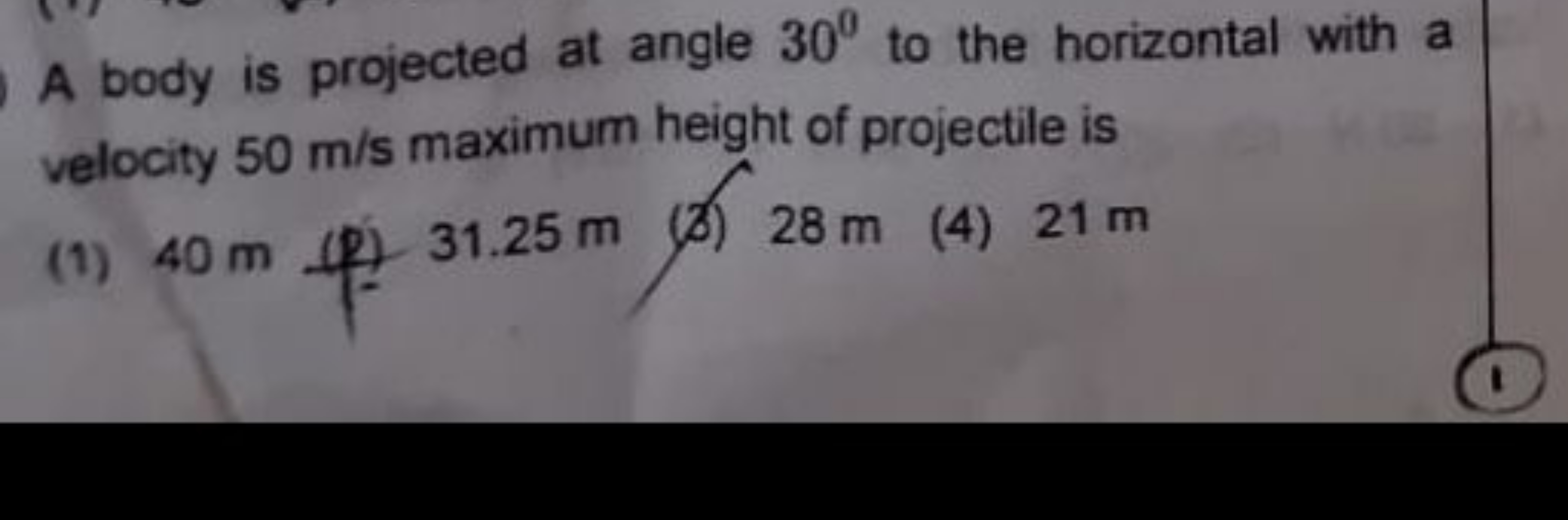 A body is projected at angle 30∘ to the horizontal with a velocity 50 