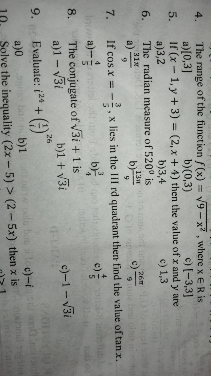 4. The range of the function f(x)=9−x2​, where x∈R is
a) [0,3]
b) (0,3