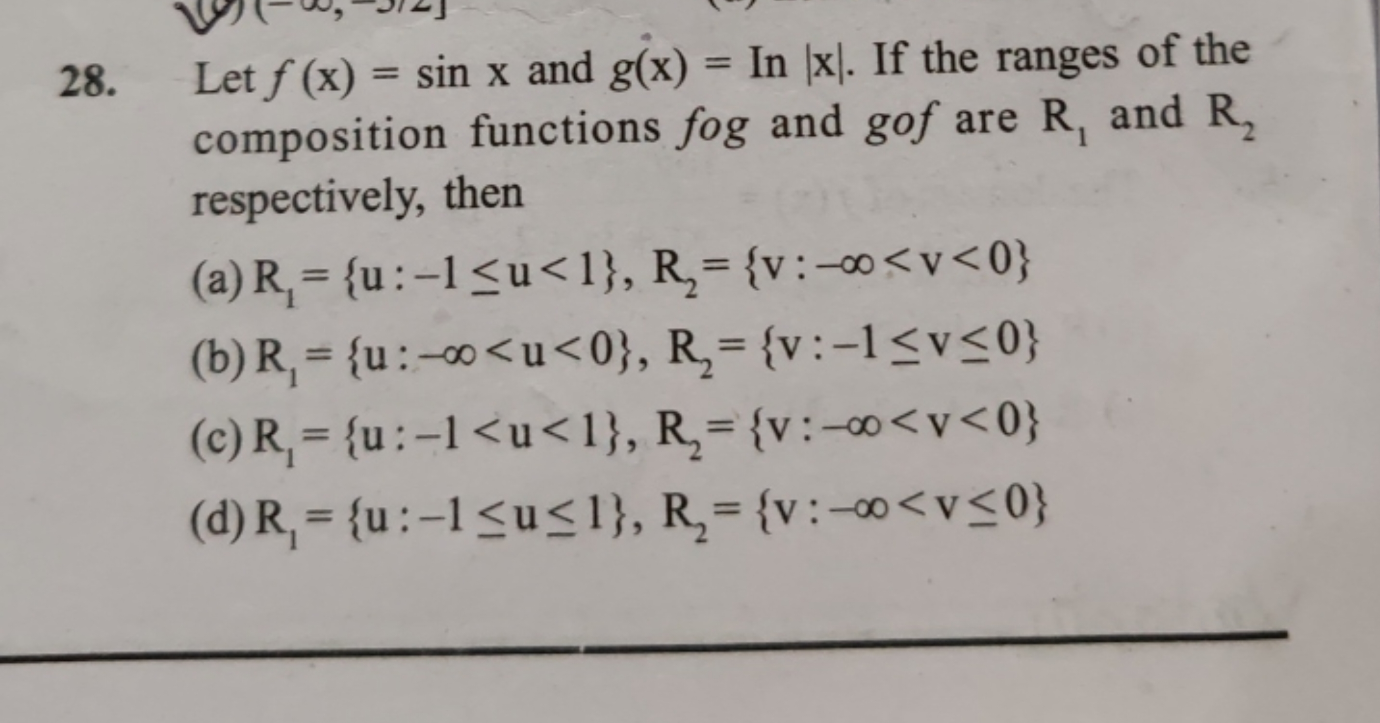 28. Let f(x)=sinx and g(x)=In∣x∣. If the ranges of the composition fun