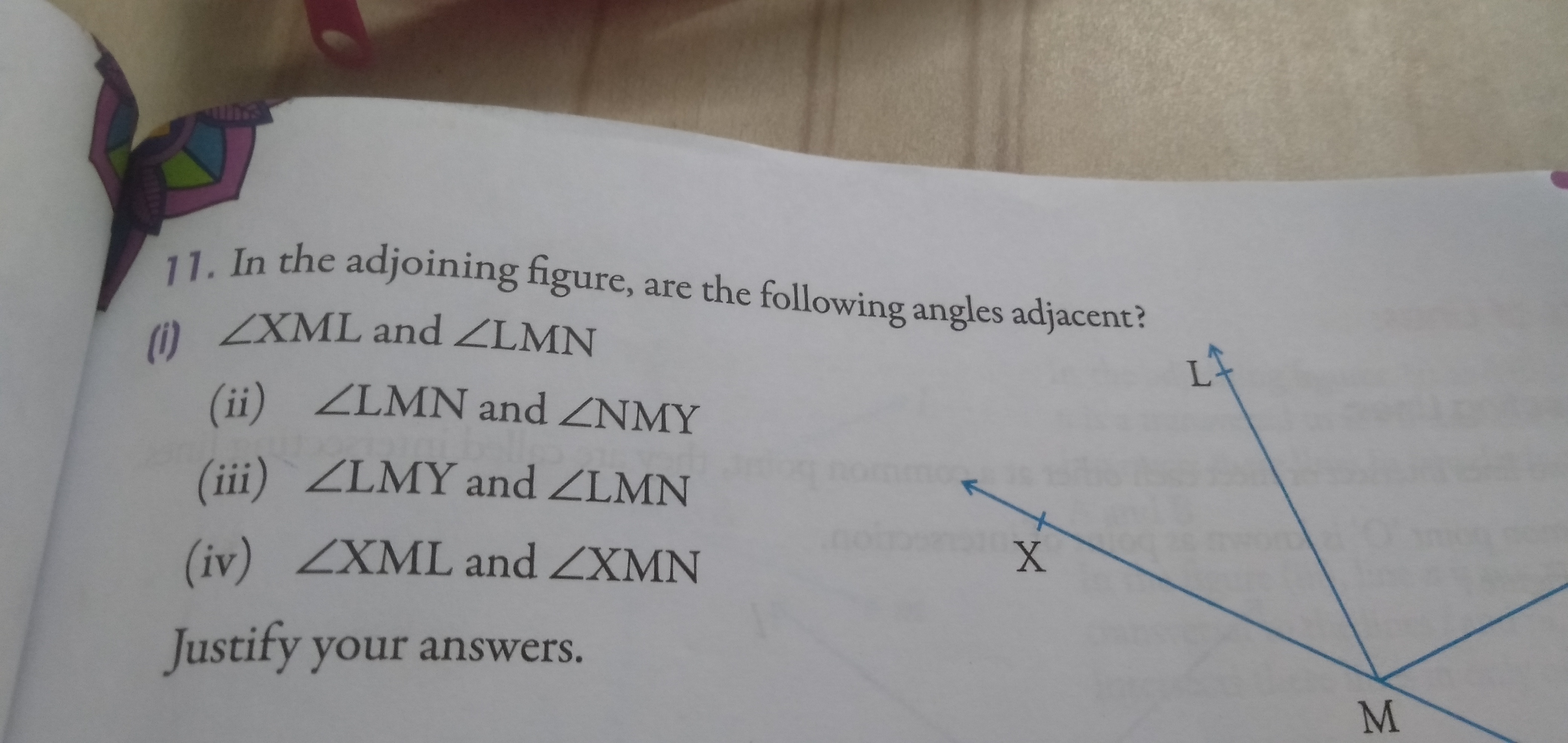 11. In the adjoining figure, are the following angles adjacent?
(i) ∠X