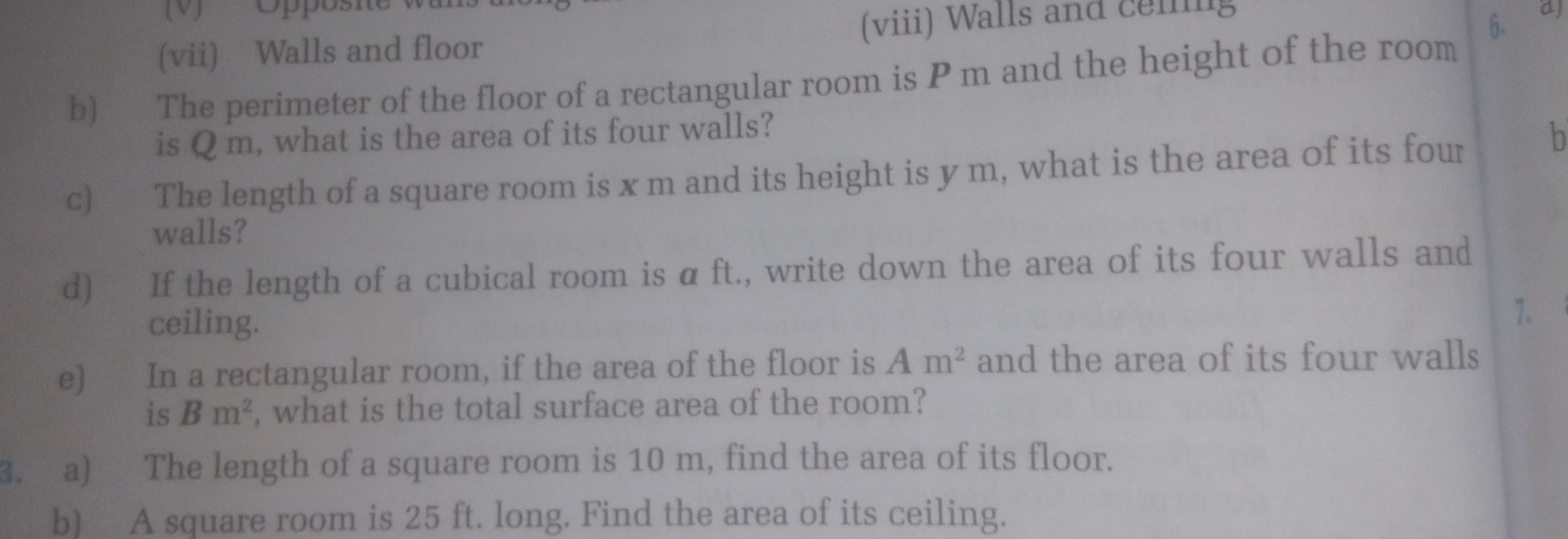 (vii) Walls and floor
(viii) Walls and cemms
b) The perimeter of the f