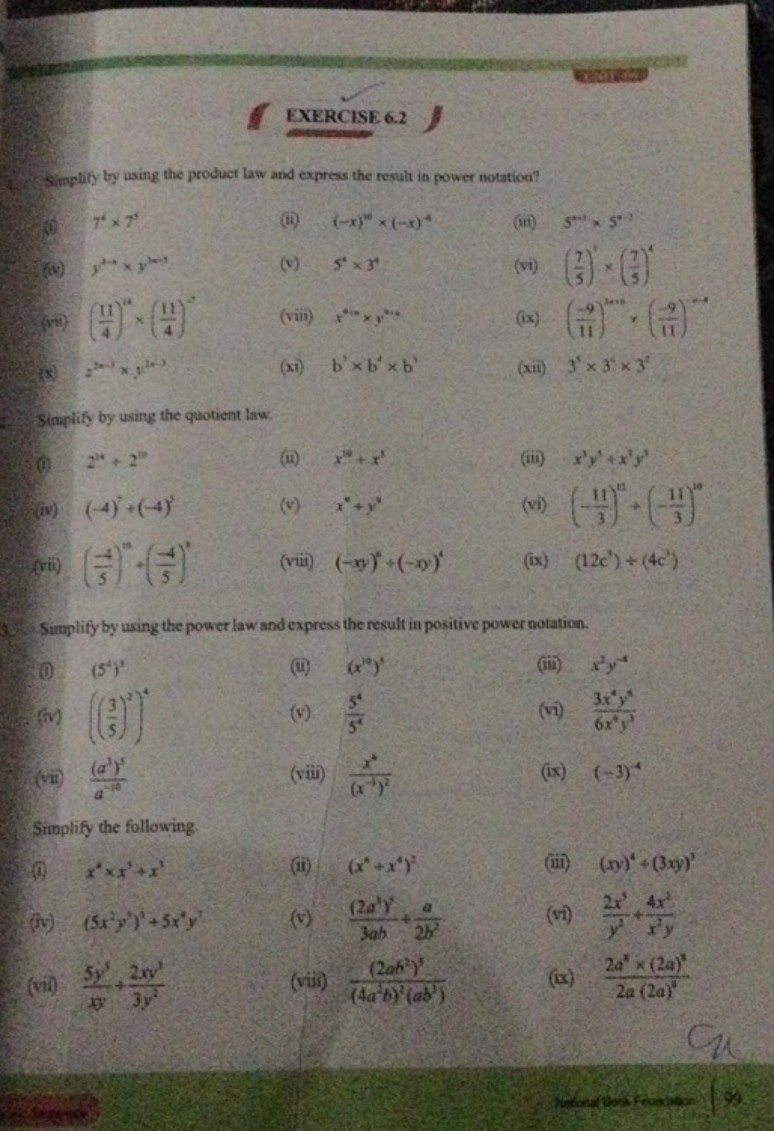 EXERCISE 6.2

Sirrlify by using the product law and express the result