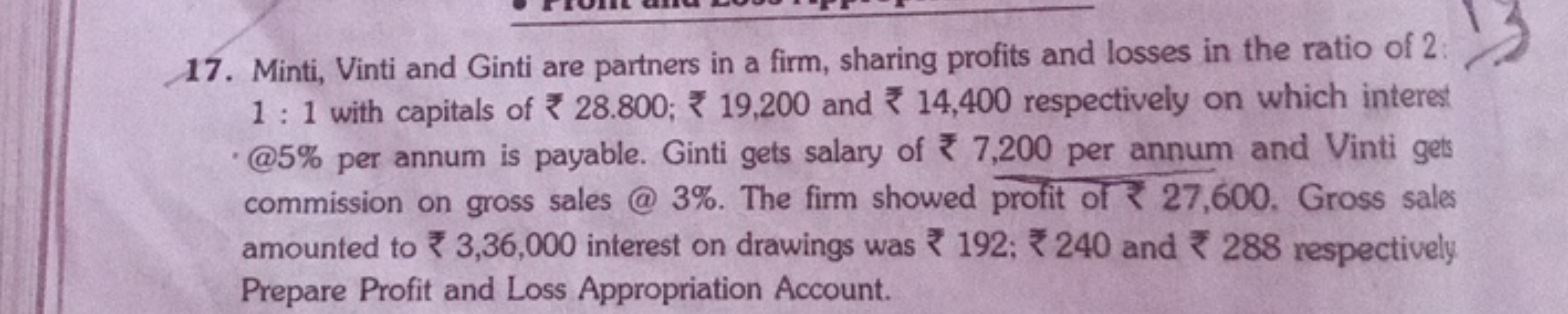 17. Minti, Vinti and Ginti are partners in a firm, sharing profits and