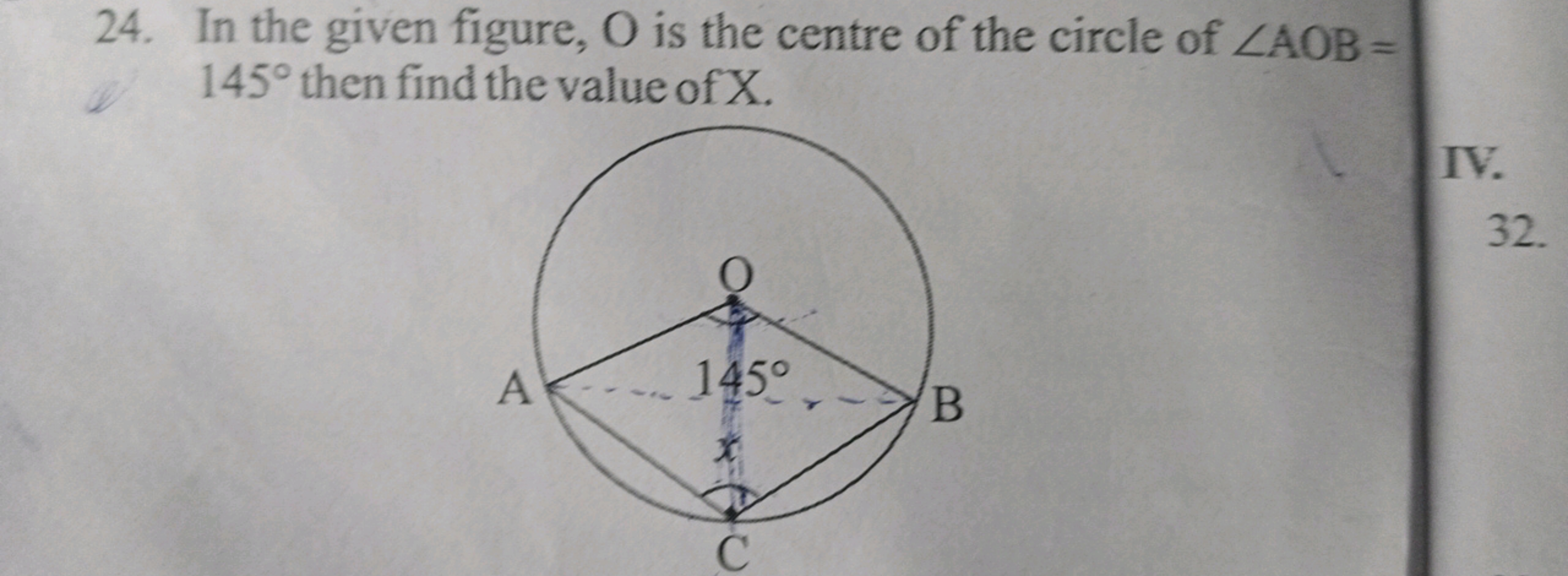 24. In the given figure, O is the centre of the circle of ∠AOB= 145∘ t