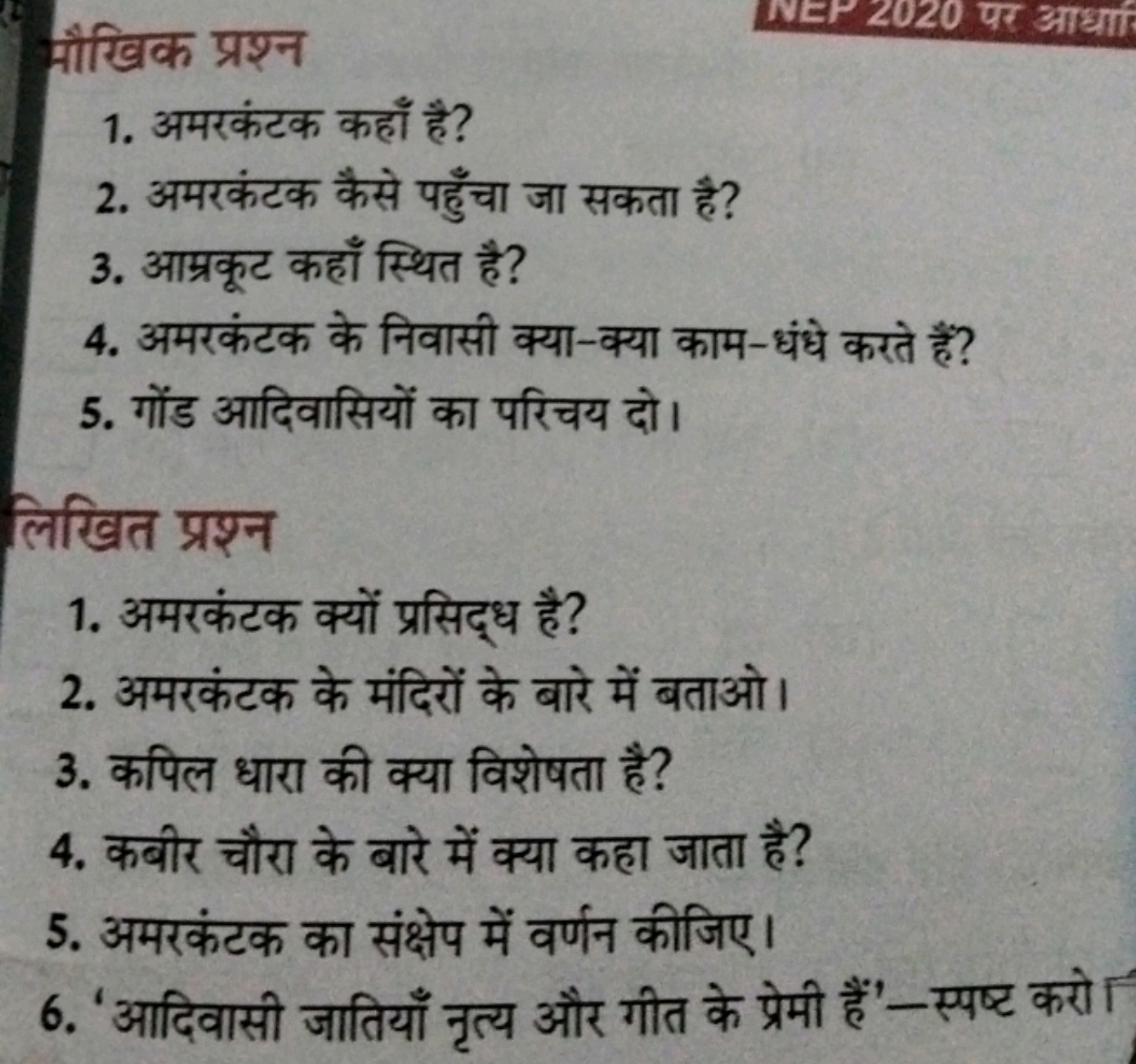 मौखिक प्रश्न
1. अमरकंटक कहाँ है?
2. अमरकंटक कैसे पहुँचा जा सकता है?
3.