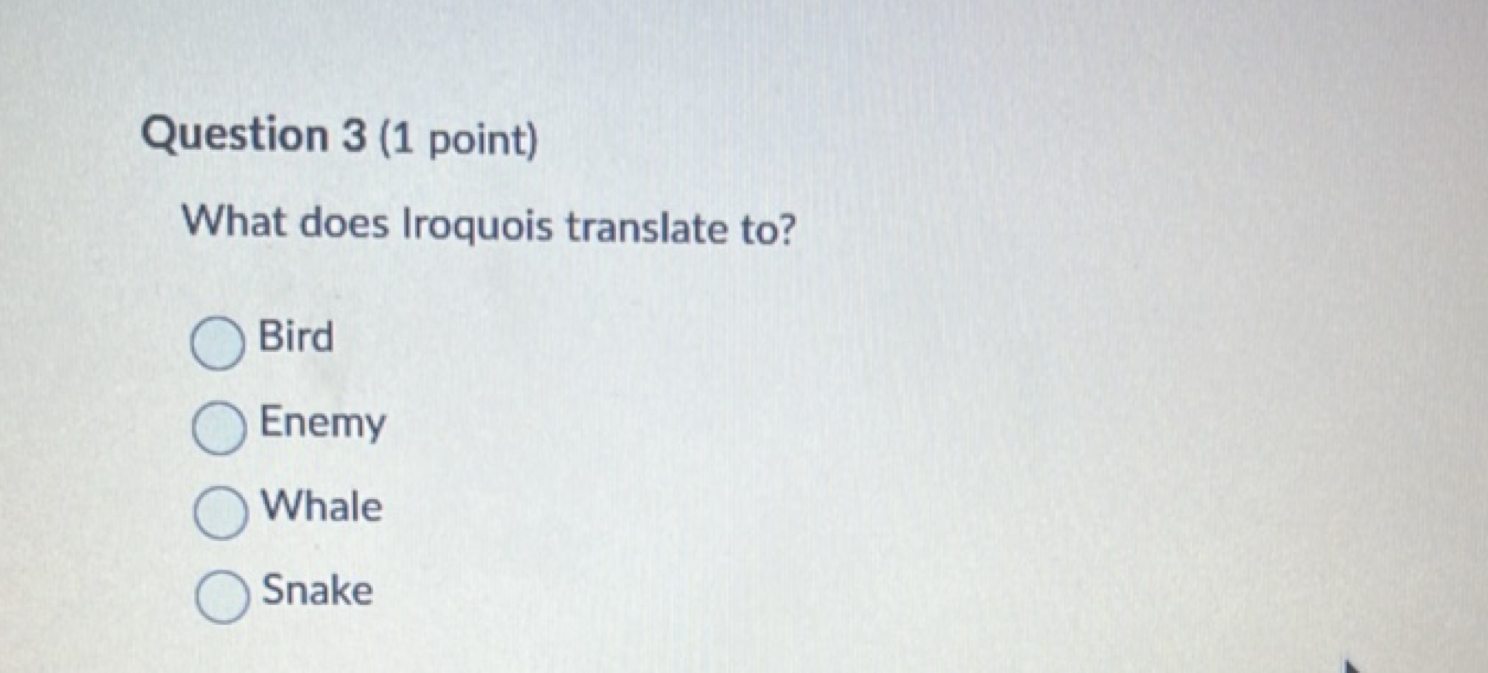 Question 3 (1 point)
What does Iroquois translate to?
Bird
Enemy
Whale