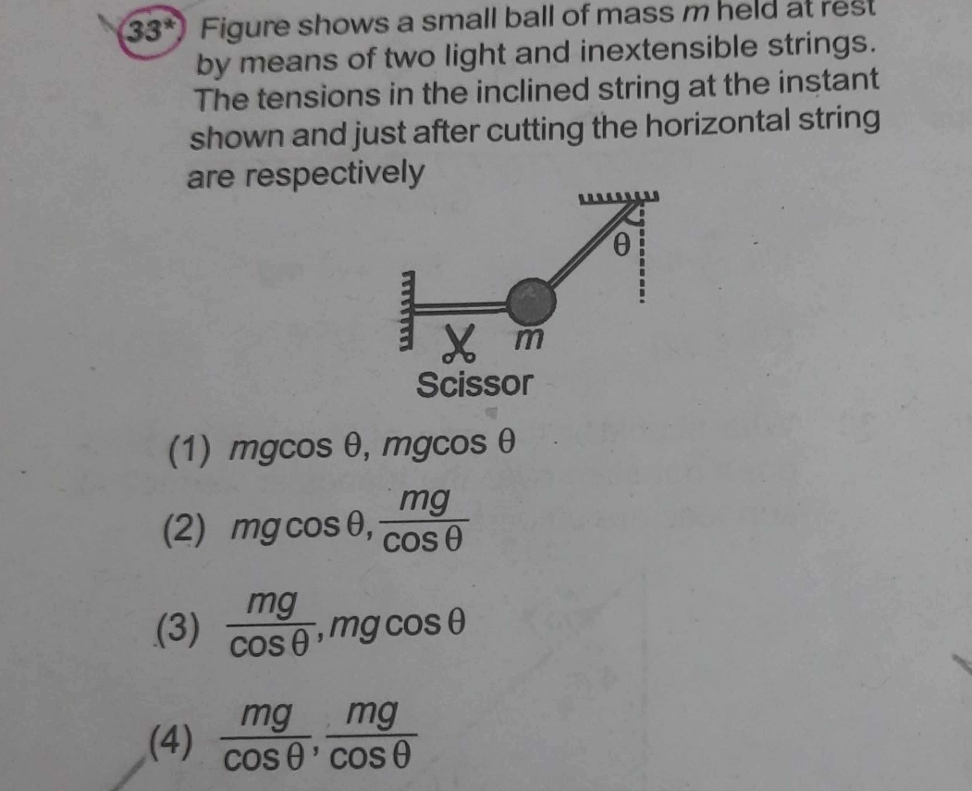 33*) Figure shows a small ball of mass m held at rest by means of two 