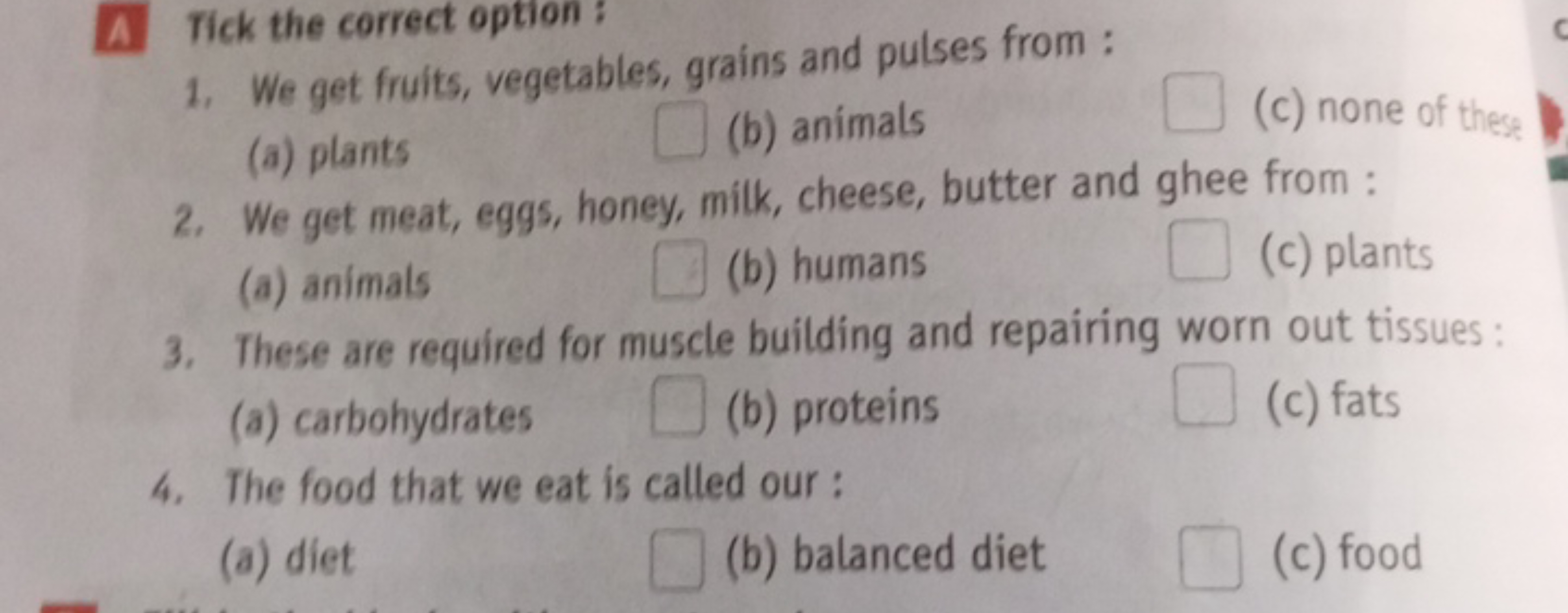 A Tick the correct option:
1. We get fruits, vegetables, grains and pu