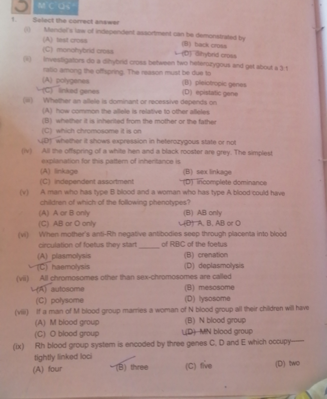 1. Select the correct answer
(i) Mendel's law of independert assortine