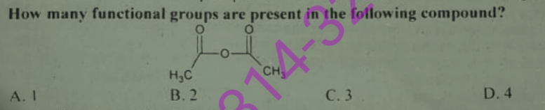 How many functional groups are present in the following compound?
CC(=