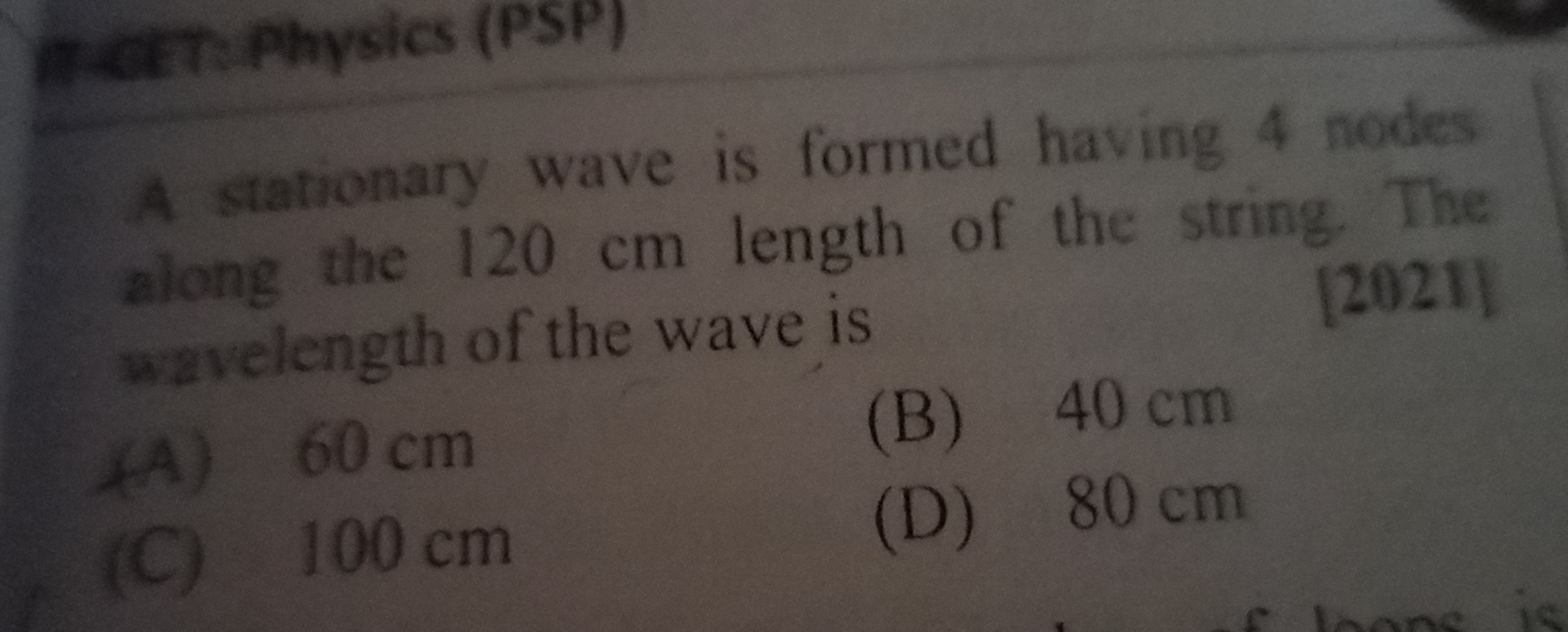 A stationary wave is formed having 4 nodes along the 120 cm length of 