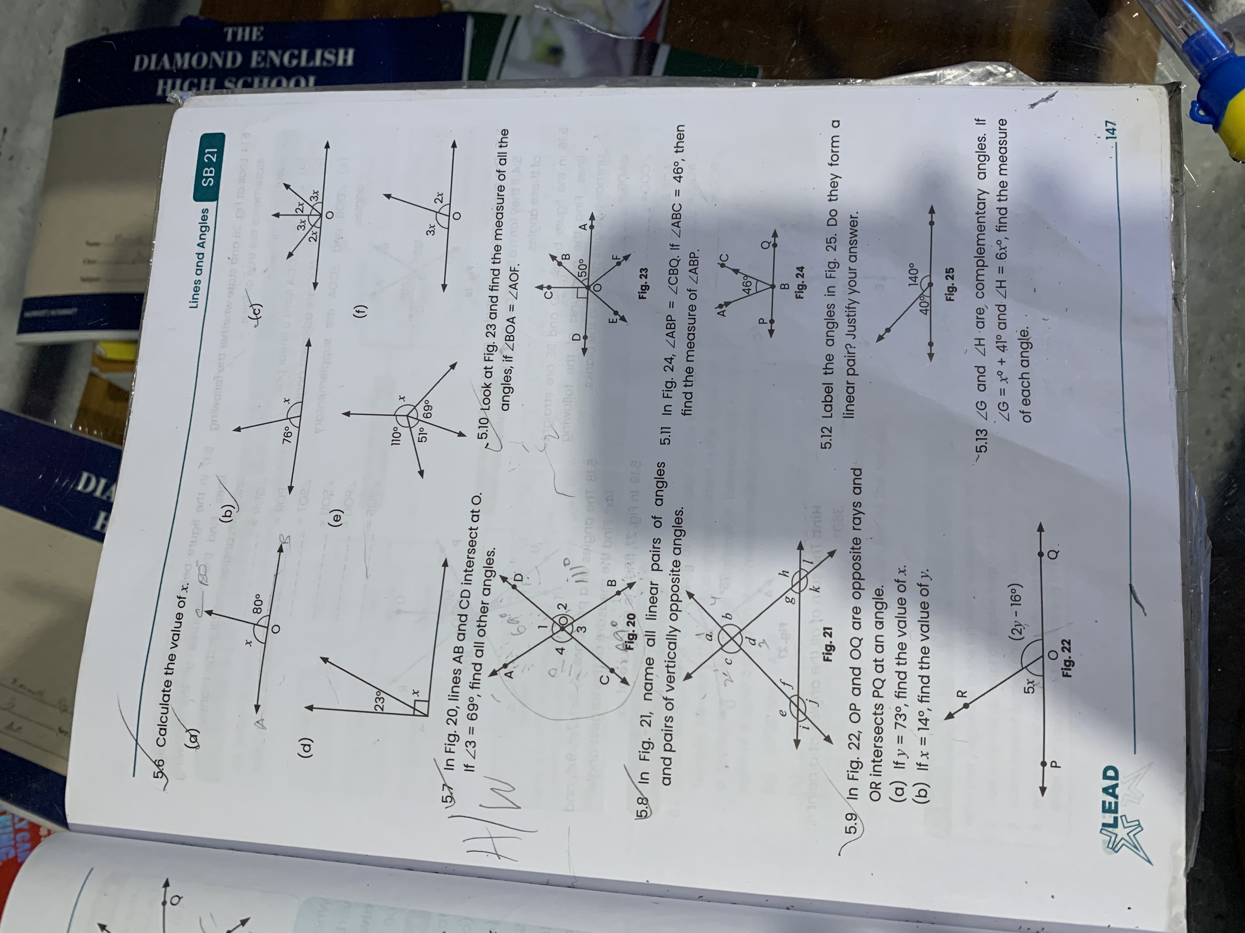 5.6 Calculate the value of x.
(a)
(d)
57 In Fig. 20, lines AB and CD i