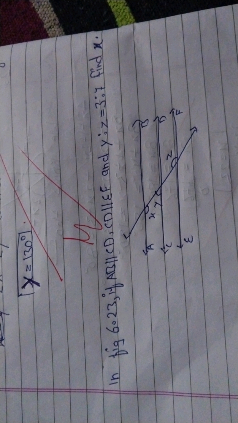 y=130∘

In fig 6023, if AB\|CD, CDIIEF and y:z=3.7 find x.