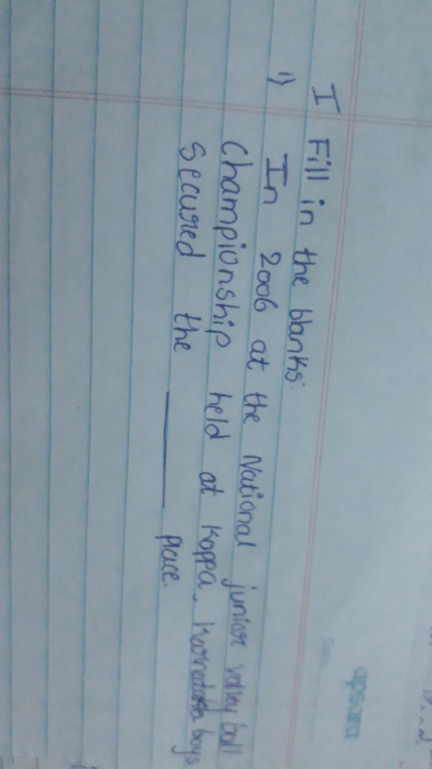 I Fill in the blanks:
1) In 2006 at the National junior valid ball Cha