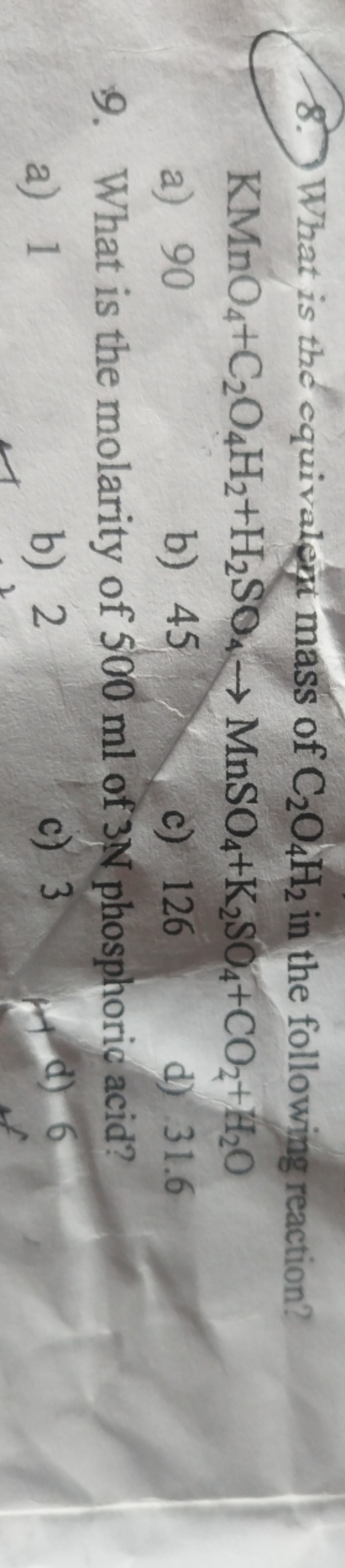 8. What is the equivalent mass of C2​O4​H2​ in the following reaction?