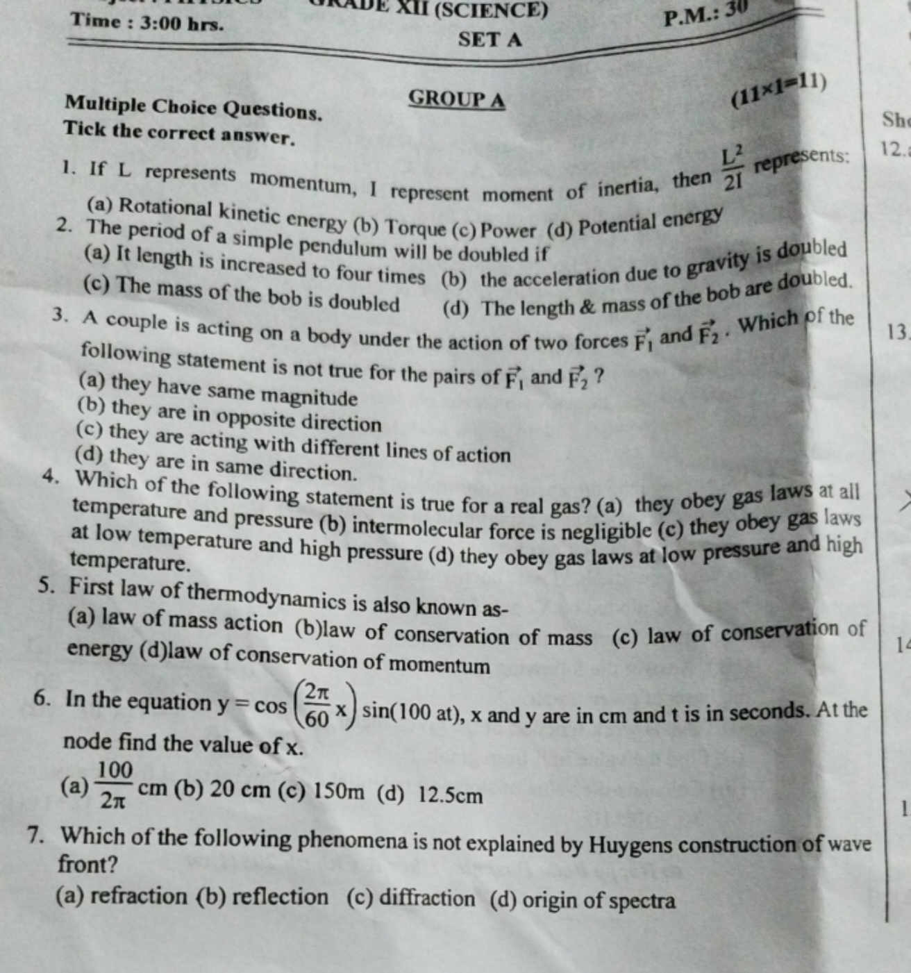 Time : 3:00 hrs.
SET A
P.M.: 30

Multiple Choice Questions.
GROUP A
(1