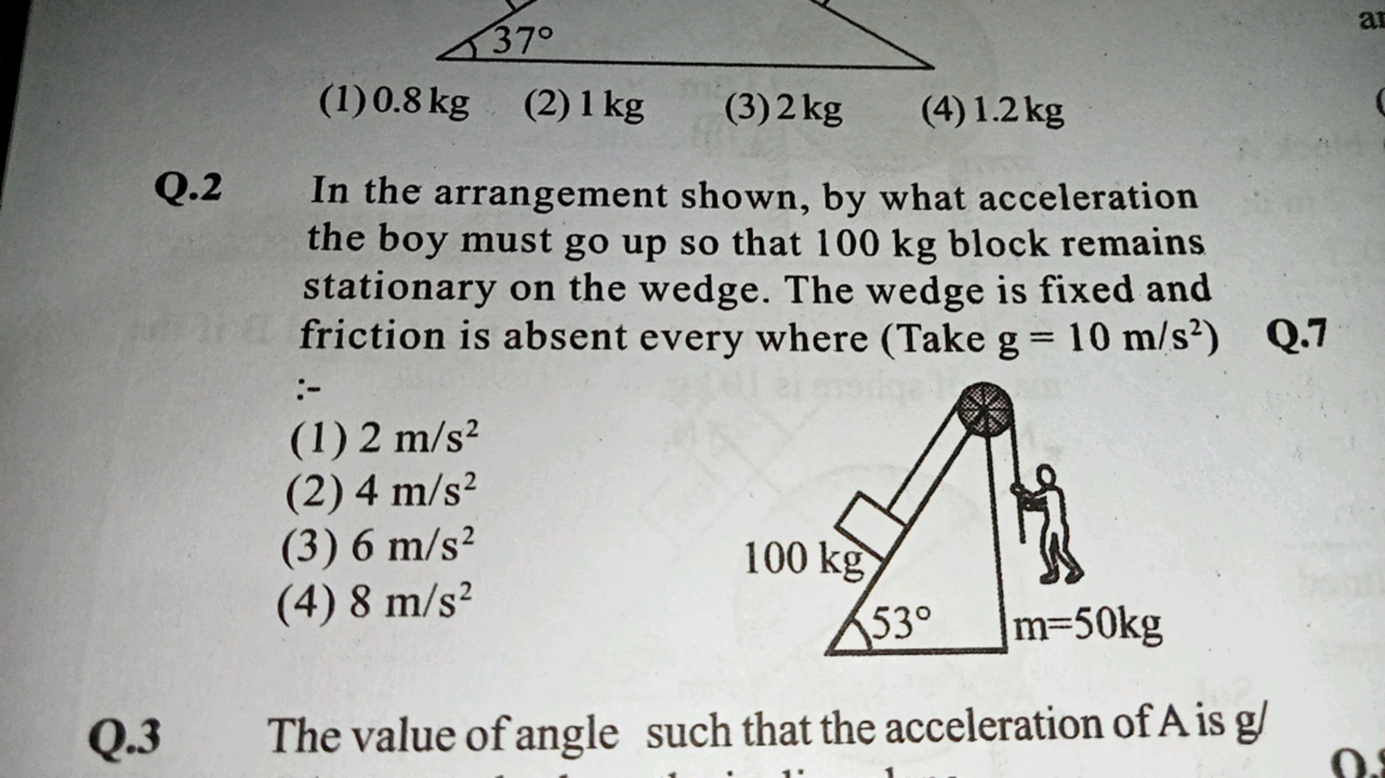 37∘
(1) 0.8 kg
(2) 1 kg
(3) 2 kg
(4) 1.2 kg
Q. 2 In the arrangement sh