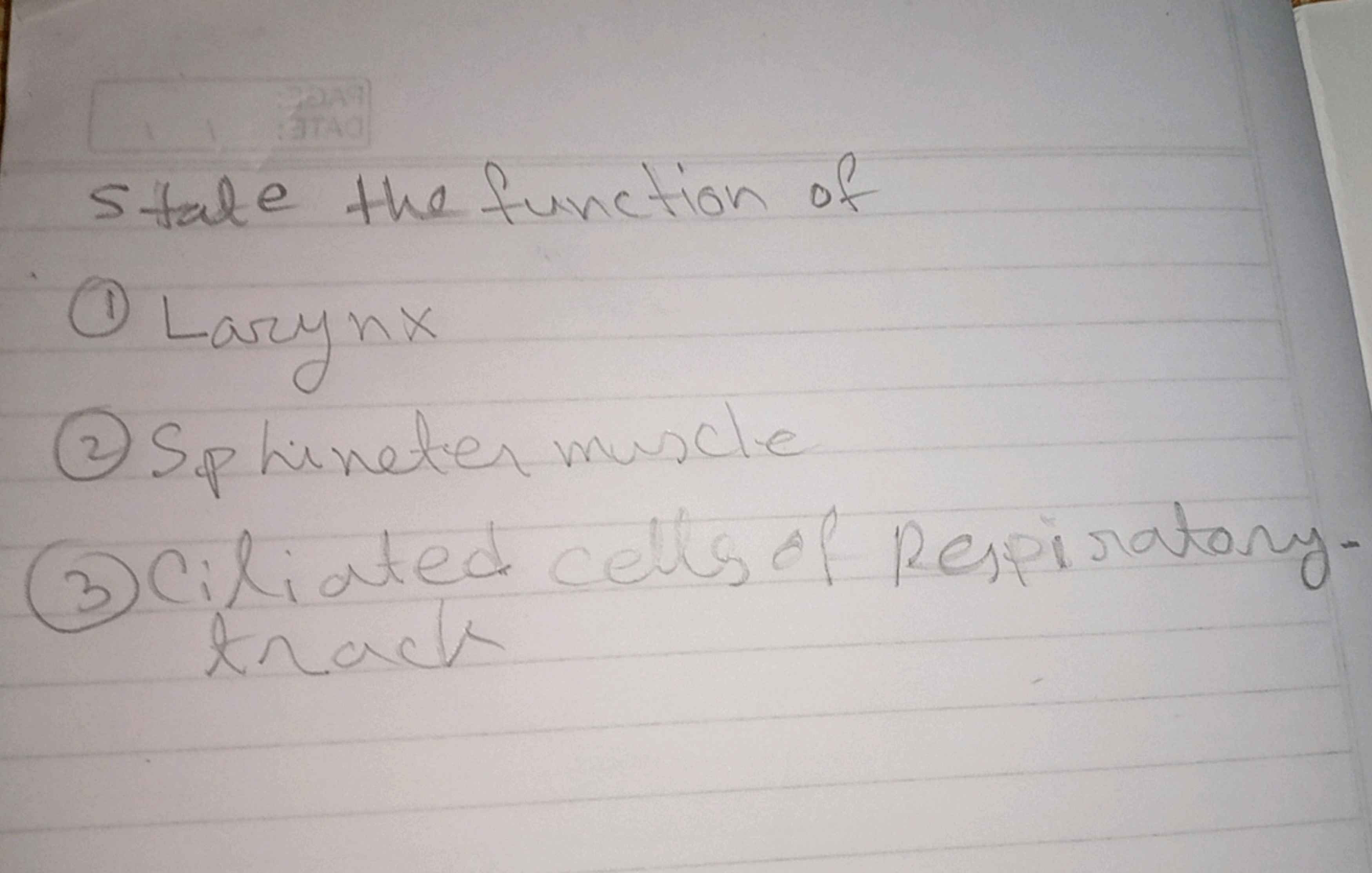 State the function of
(1) Laryn x
(2) Sphineter muscle
(3) Ciliated ce