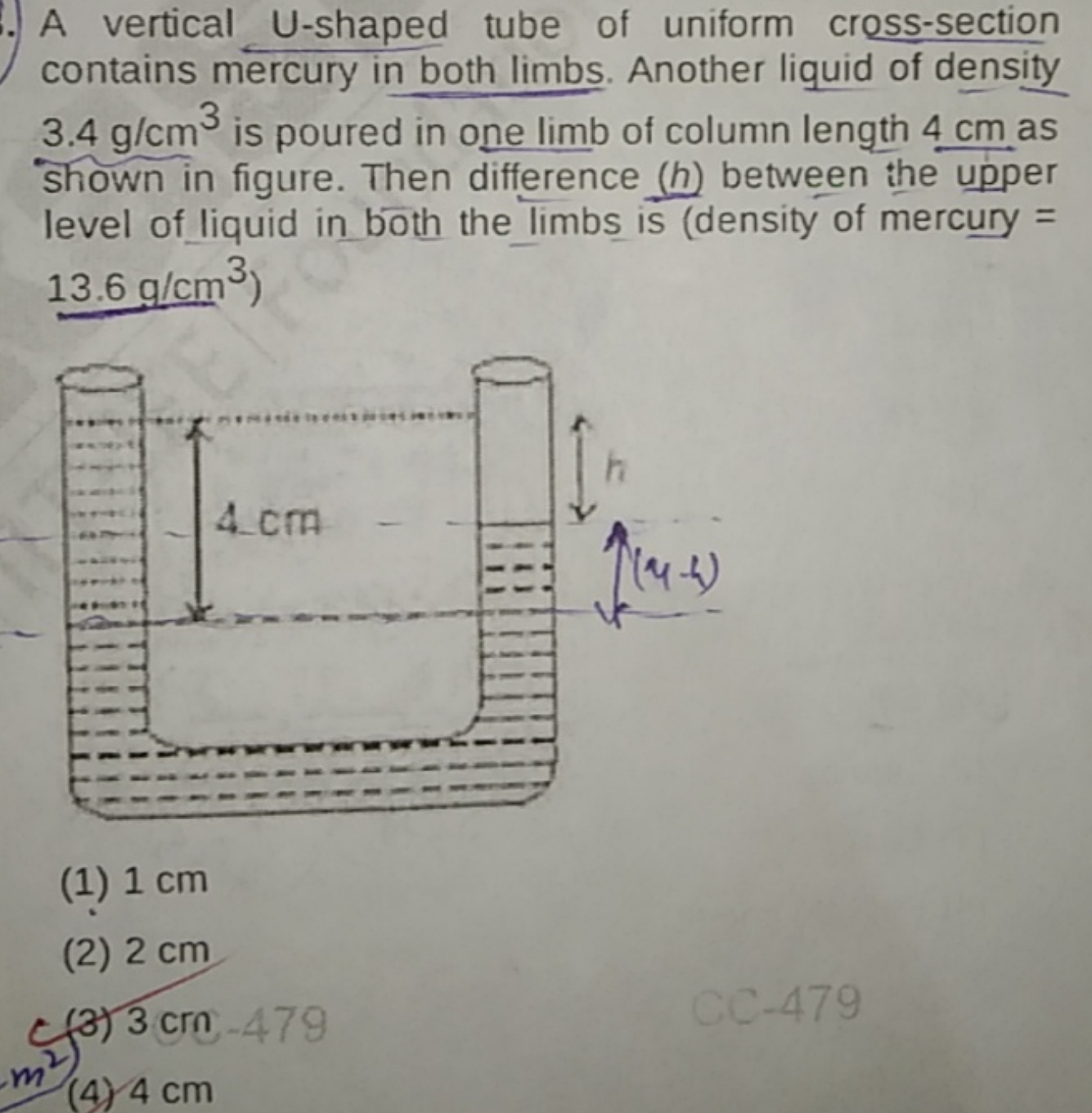 A vertical U-shaped tube of uniform cross-section contains mercury in 