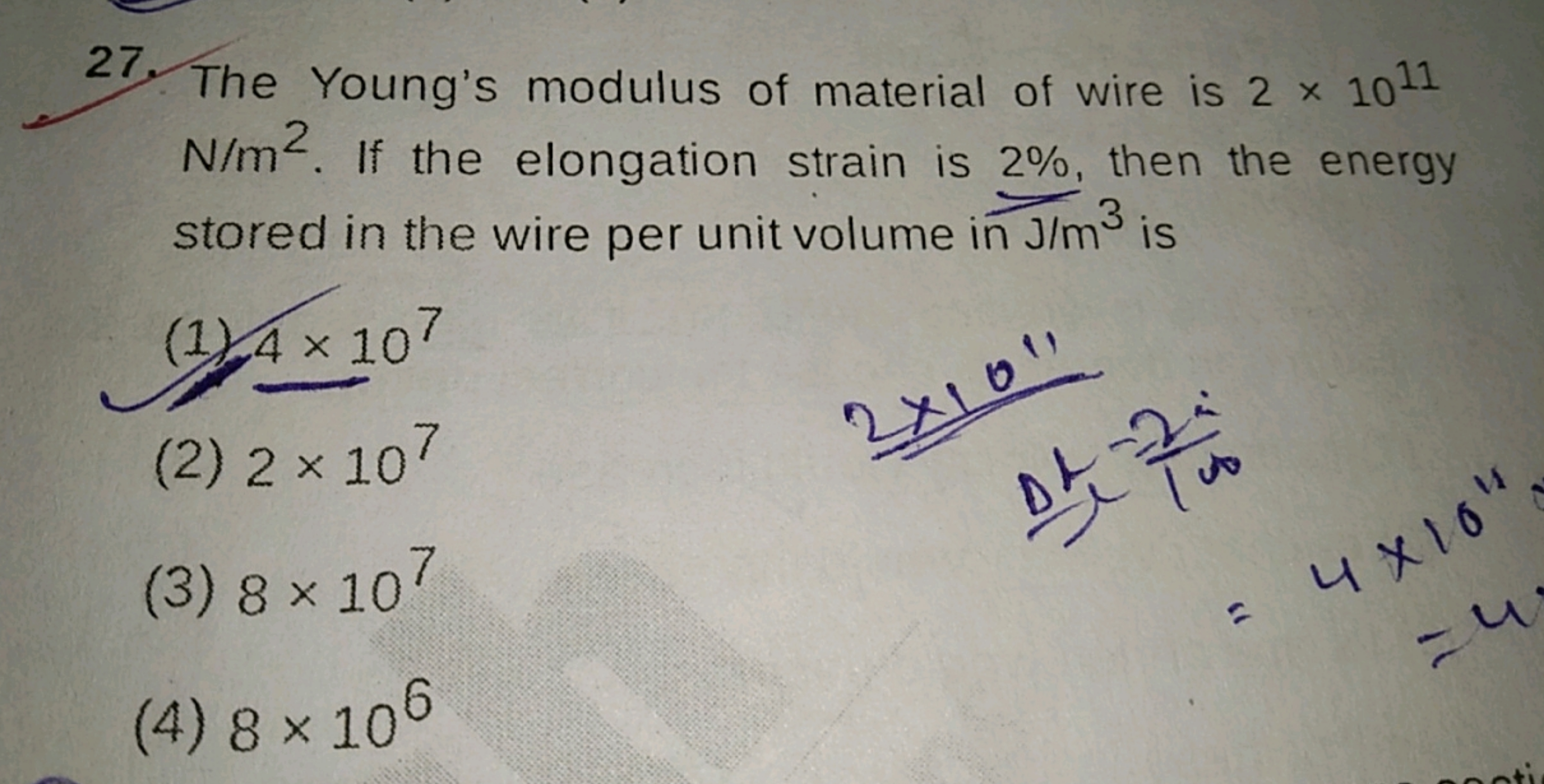 27. The Young's modulus of material of wire is 2×1011 N/m2. If the elo