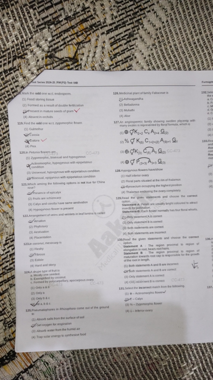 fest Series 2024-25 RM(P2)-Test-04B
8. Mark the odd one w.r. endosperm