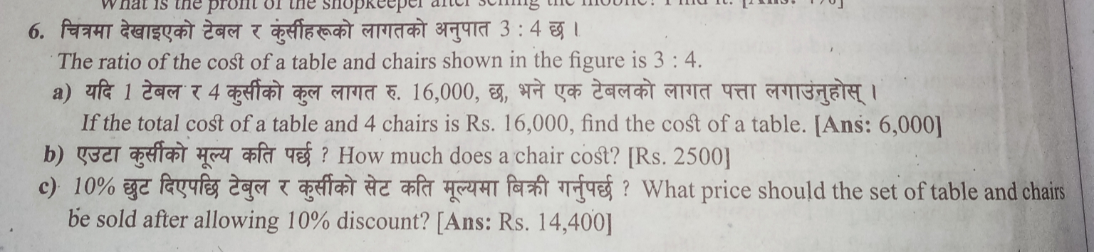 6. चित्रमा देखाइएको टेबल र कुर्सीहरूको लागतको अनुपात 3:4 छ।

The ratio