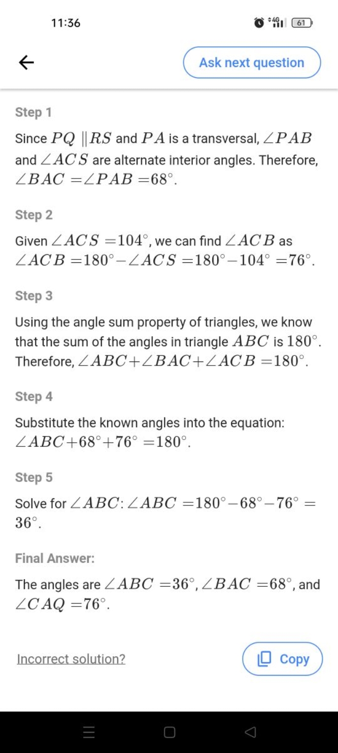 11:36
(i)  in 4
61
Ask next question

Step 1
Since PQ∥RS and PA is a t