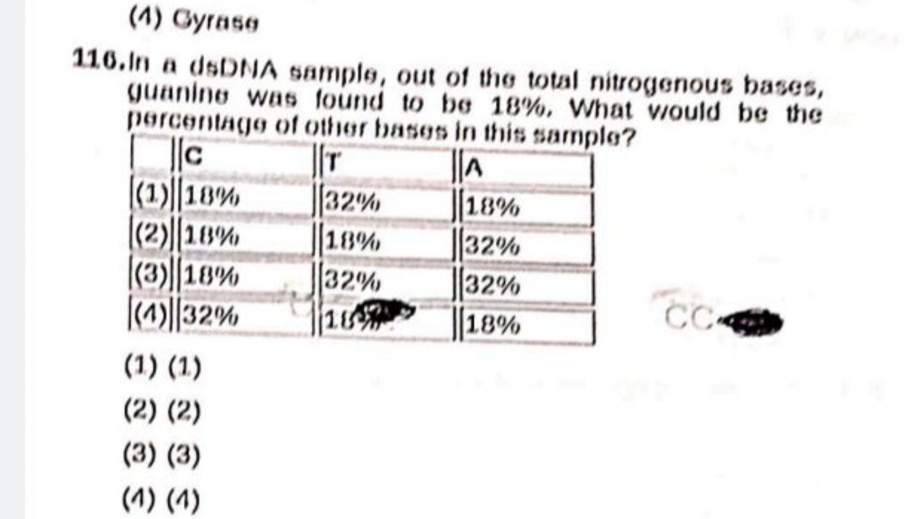 (1) Byraso
116. In a dSDNA sample, out of the total nitrogenous bases,