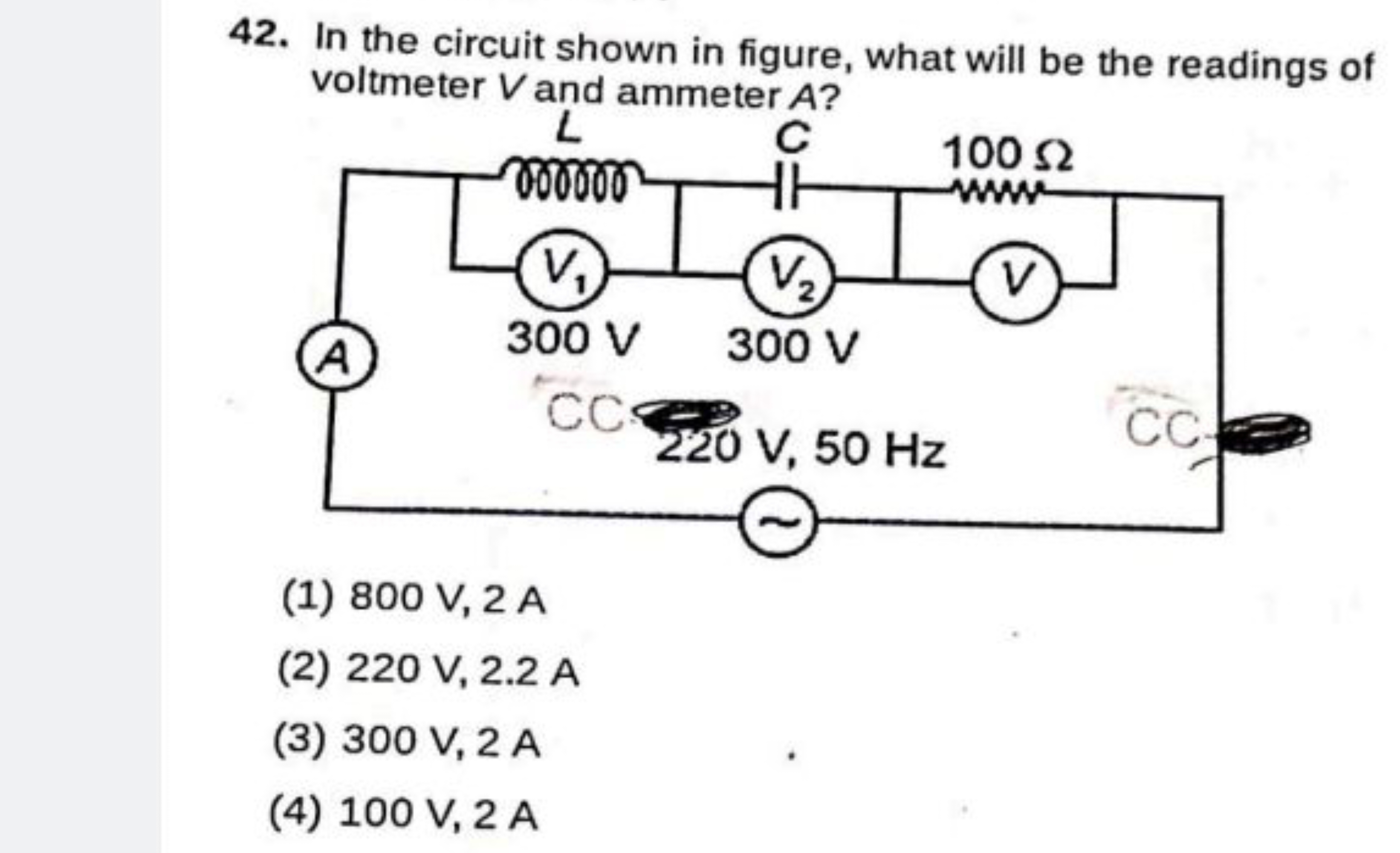 42. In the circuit shown in figure, what will be the readings of voltm