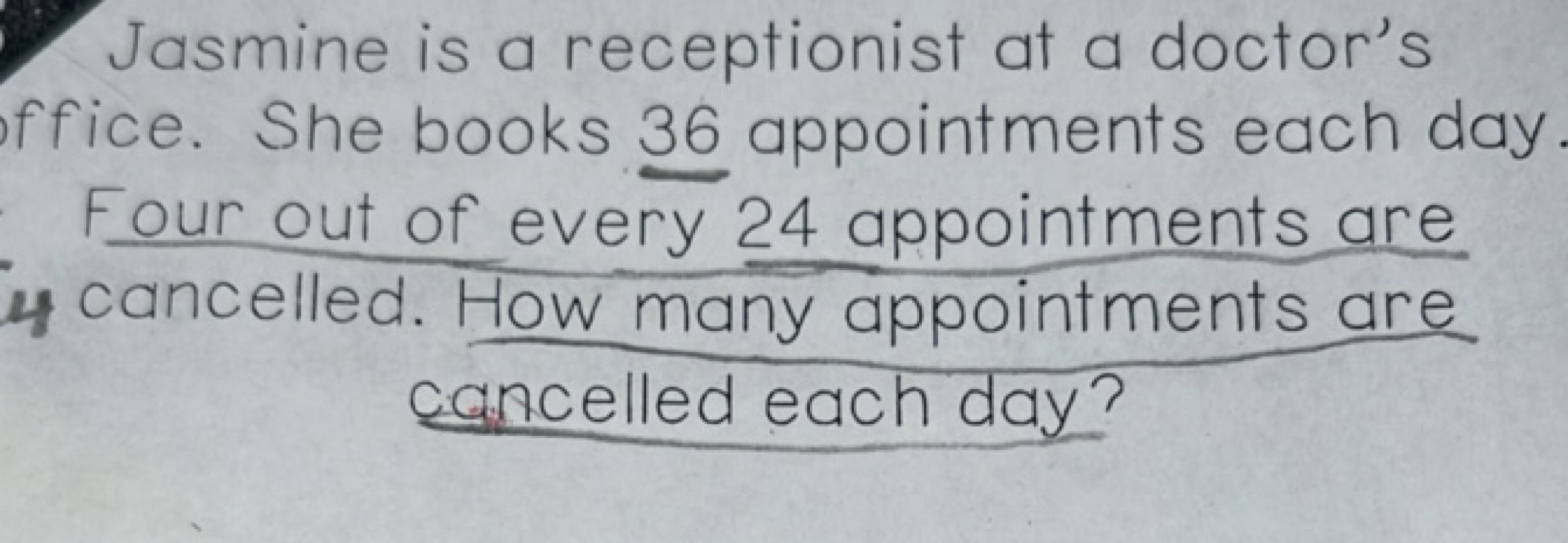 Jasmine is a receptionist at a doctor's ffice. She books 36 appointmen