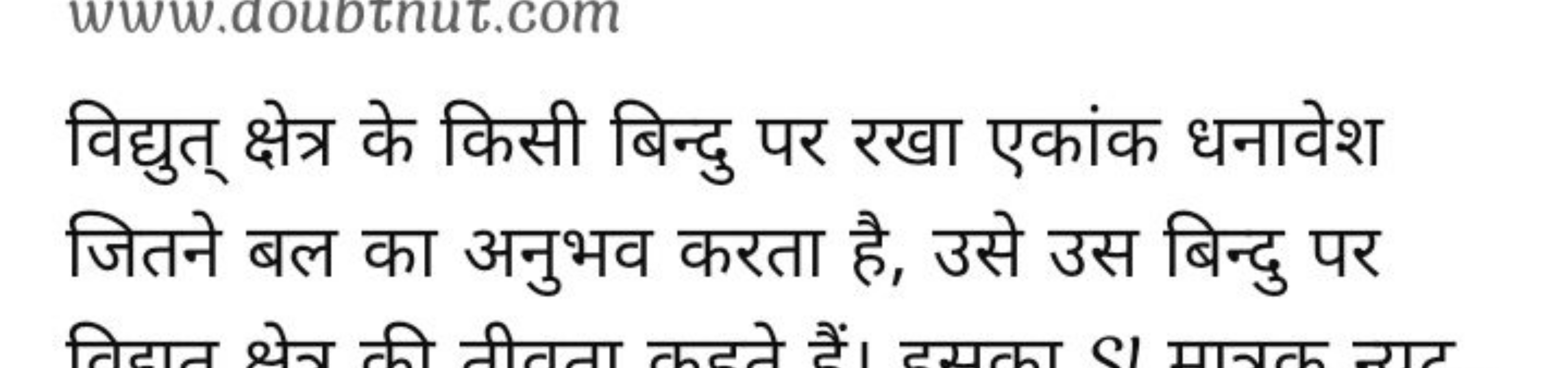 विद्युत् क्षेत्र के किसी बिन्दु पर रखा एकांक धनावेश जितने बल का अनुभव 