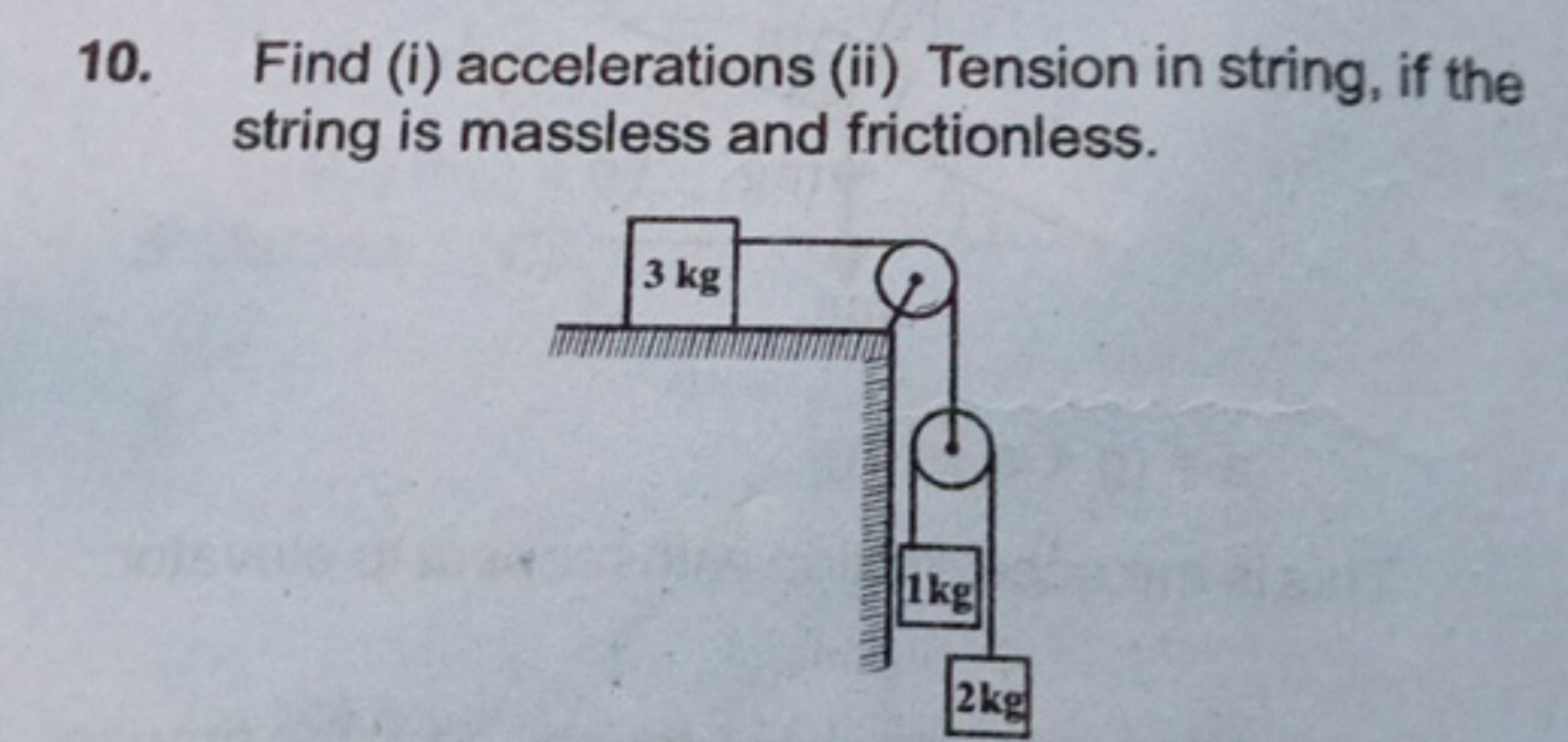 10. Find (i) accelerations (ii) Tension in string, if the string is ma