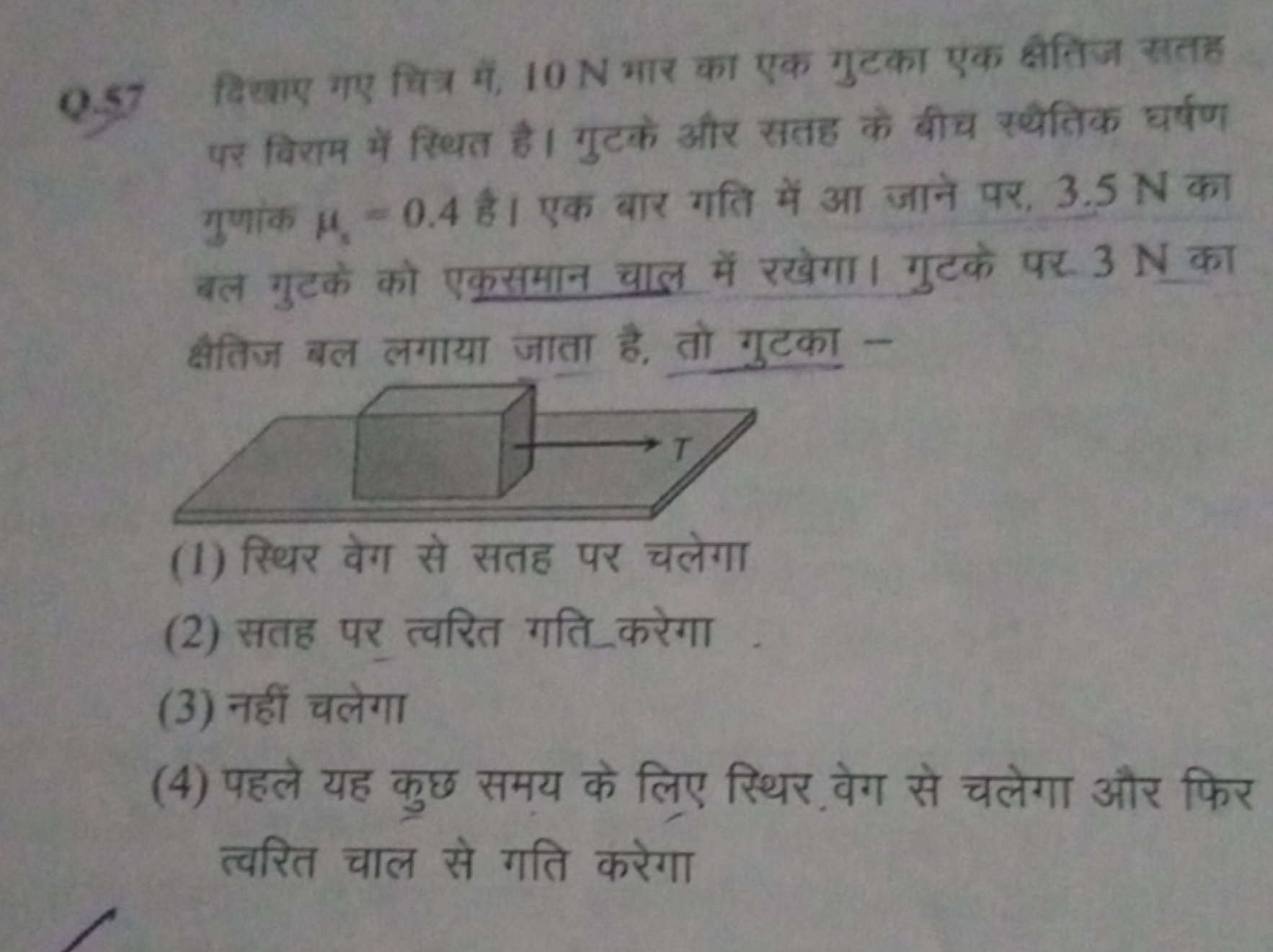 Q. 57 दिखए गए चिन्न में, 10 N भार का एक गुटका एक क्षेतिज सतह पर विराम 