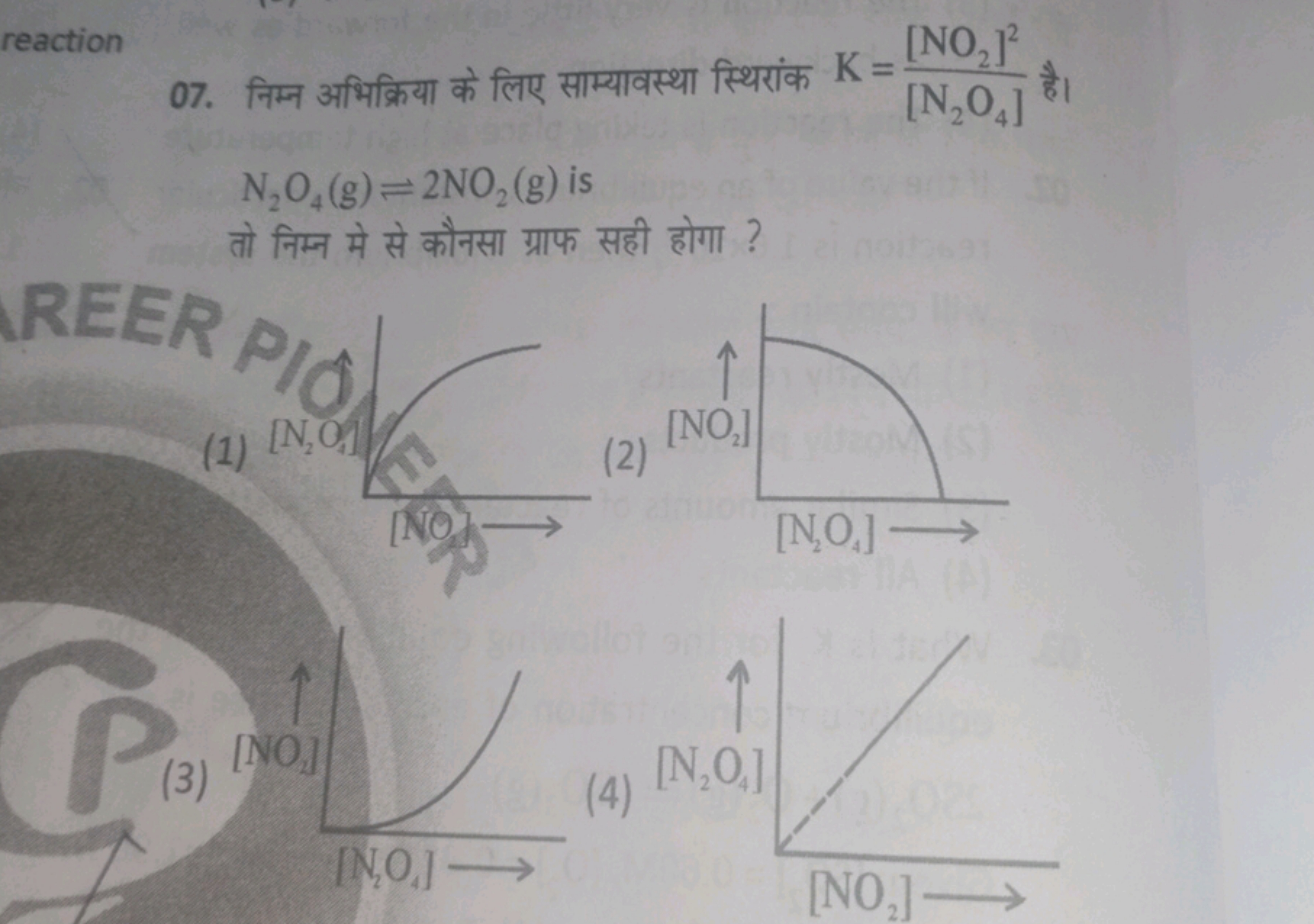 reaction
07. निम्न अभिक्रिया के लिए साम्यावस्था स्थिरांक K=[ N2​O4​][N